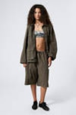 Dunkles Graubraun - Verwaschene, locker geschnittene Ripstop-Jacke - 0