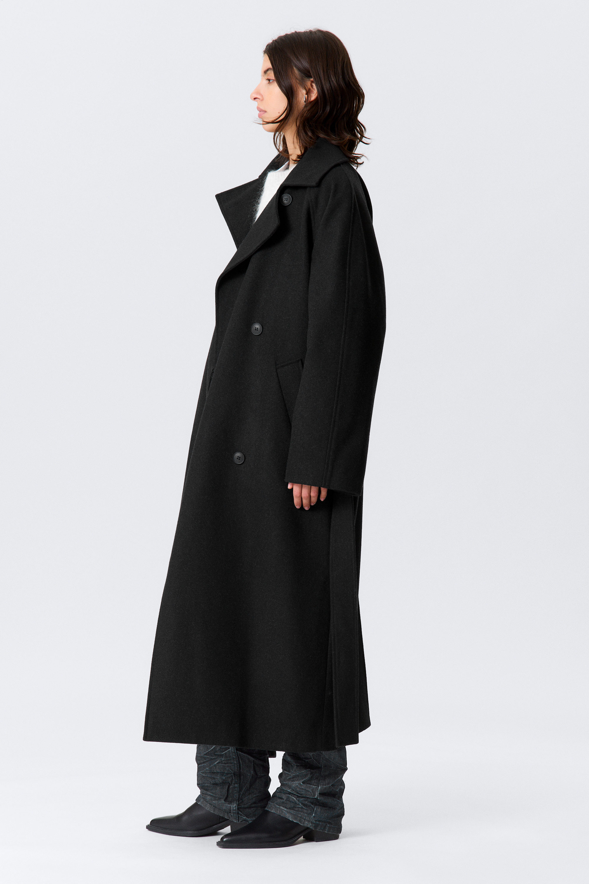 Noir chiné - Manteau oversize croisé en laine mélangée Kia - 5
