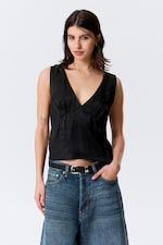 Black - Sleeveless V-neck Satin Top - 0