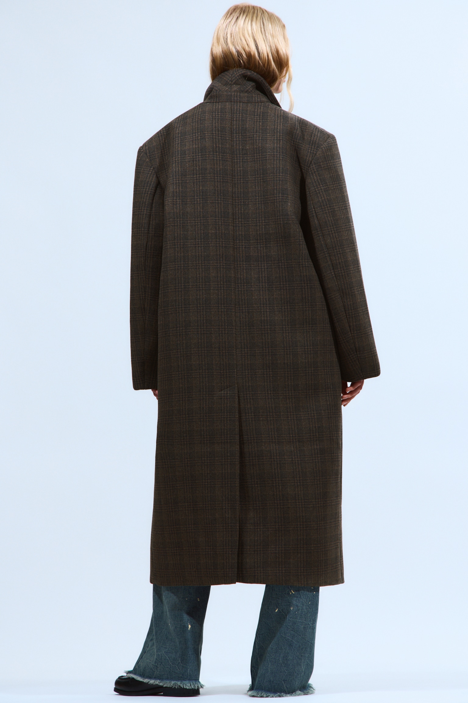 PŁASZCZ OVERSIZE Z WEŁNĄ - Kraciasty Ciemnobrązowy/Hairy Dark Beige/Black Jodełka - 6