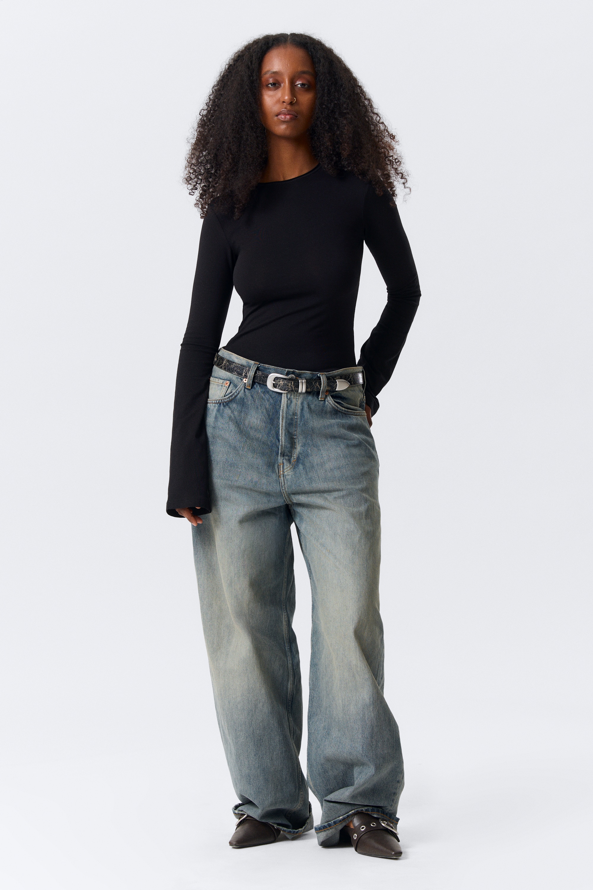 Top in cotone a maniche lunghe - Nero/Marrone scuro/A righe verde scuro