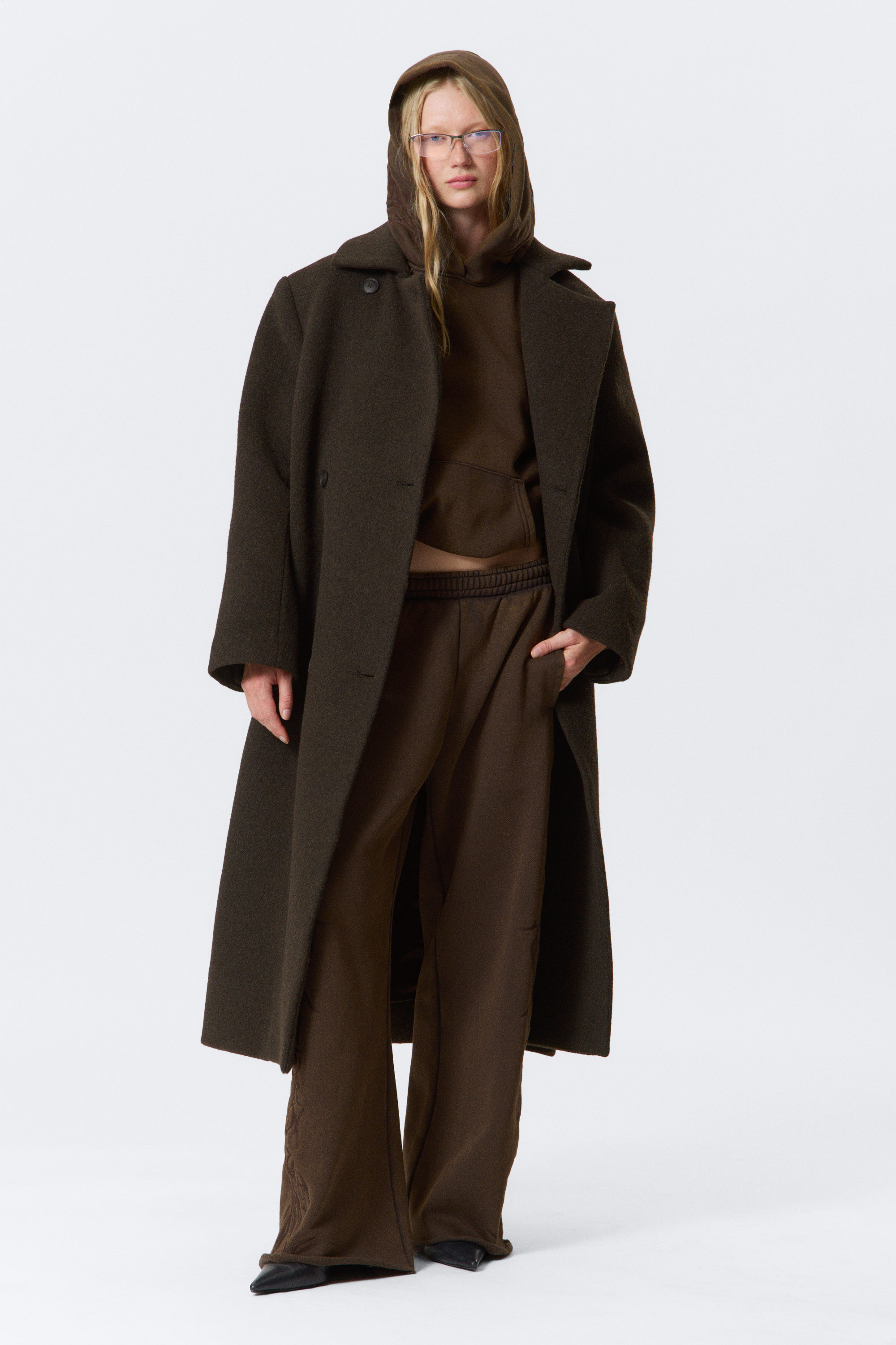 Dark Brown Melange - Oversized Double-Breasted Wool Blend Coat - 2