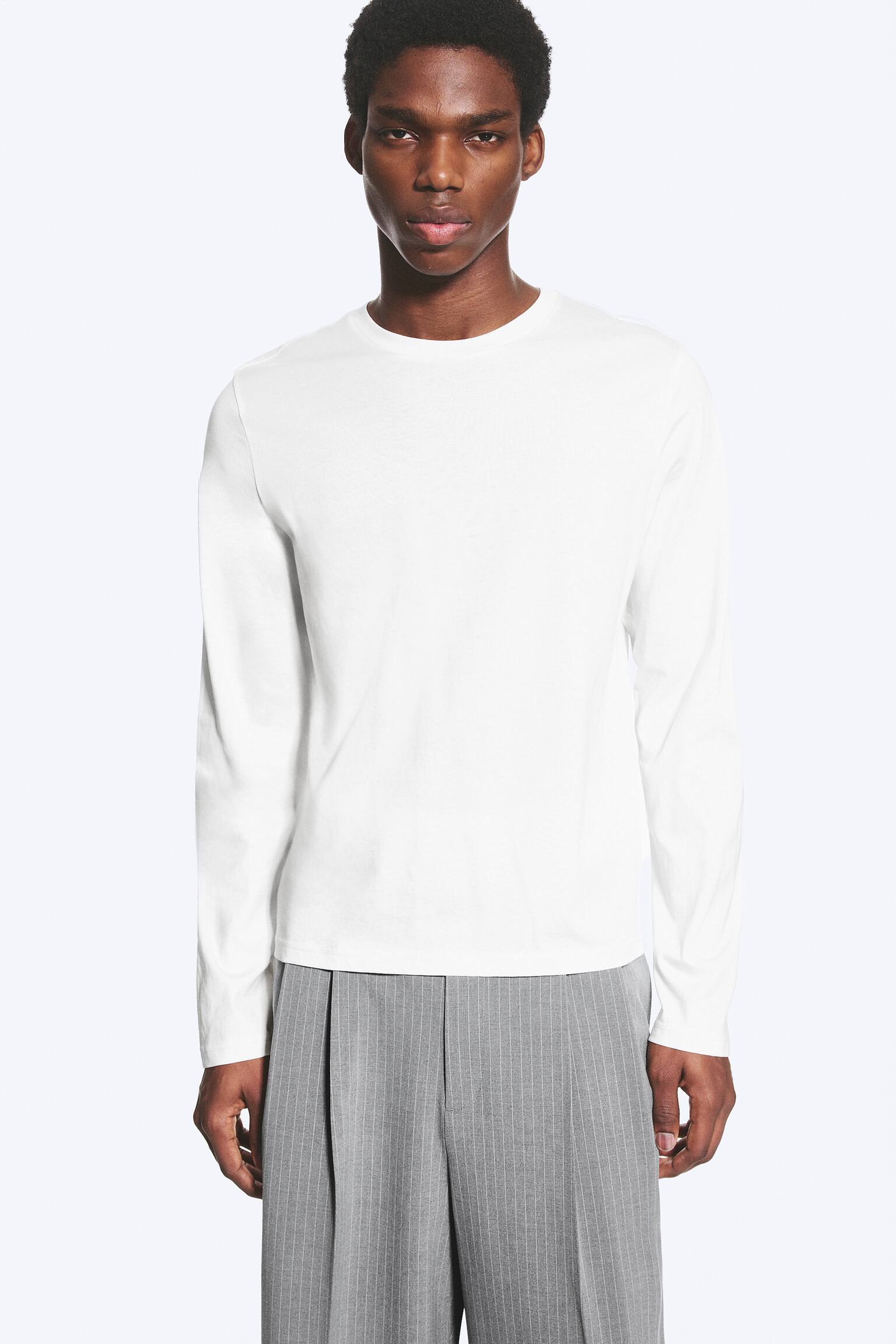 T-shirt en coton rétréci à manches longues - Blanc/Gris foncé - 1
