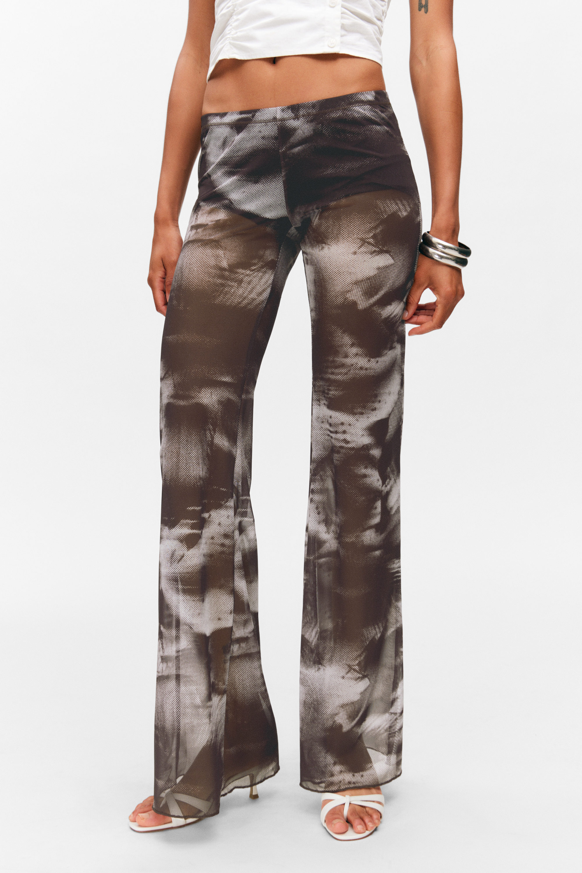 Dark Brown - Blurry Floral - Flared Printed Mesh Trousers - 2