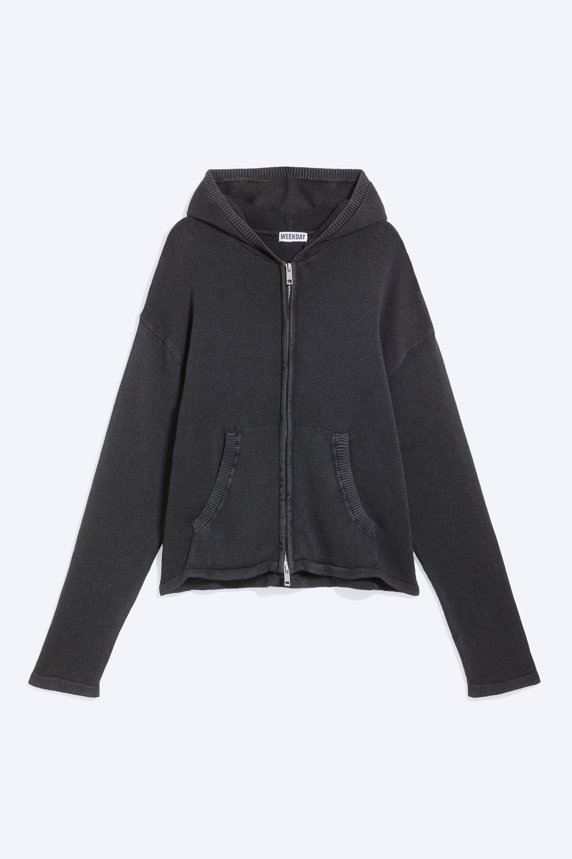 Felpa in maglia con cappuccio e zip - Nero lavato/Beige polvere chiaro