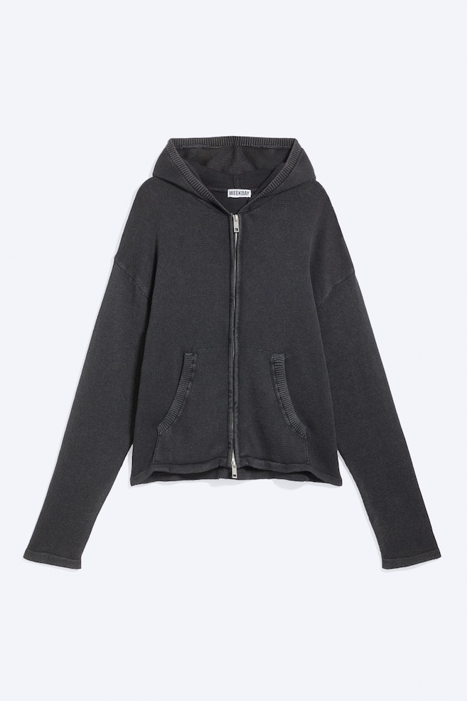 Felpa in maglia con cappuccio e zip - Nero lavato/Beige polvere chiaro - 1