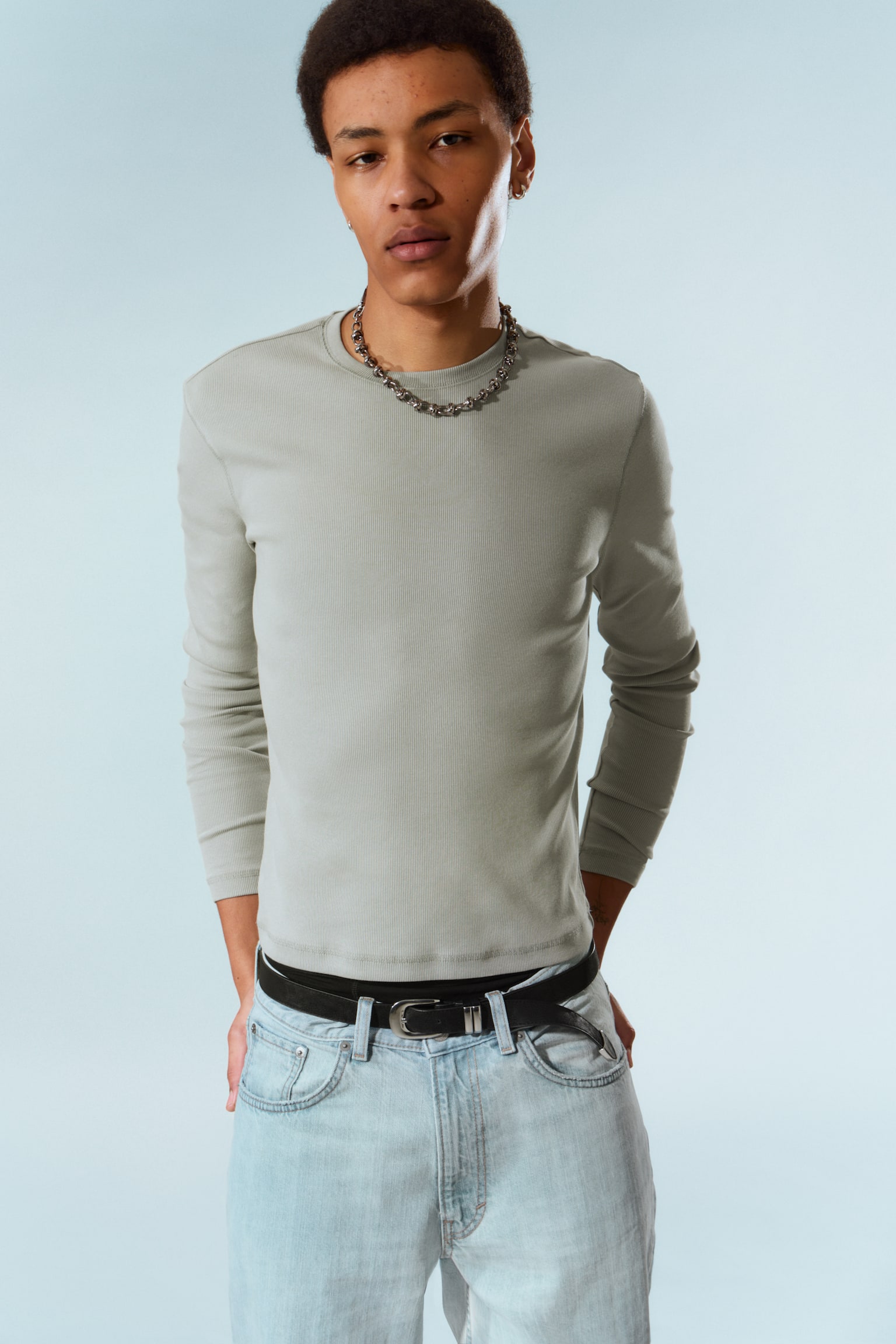 Geribd T-shirt met lange mouwen - Grijs/Blauw met wassing/Donkerblauw/Washed Black – Zwart - 1