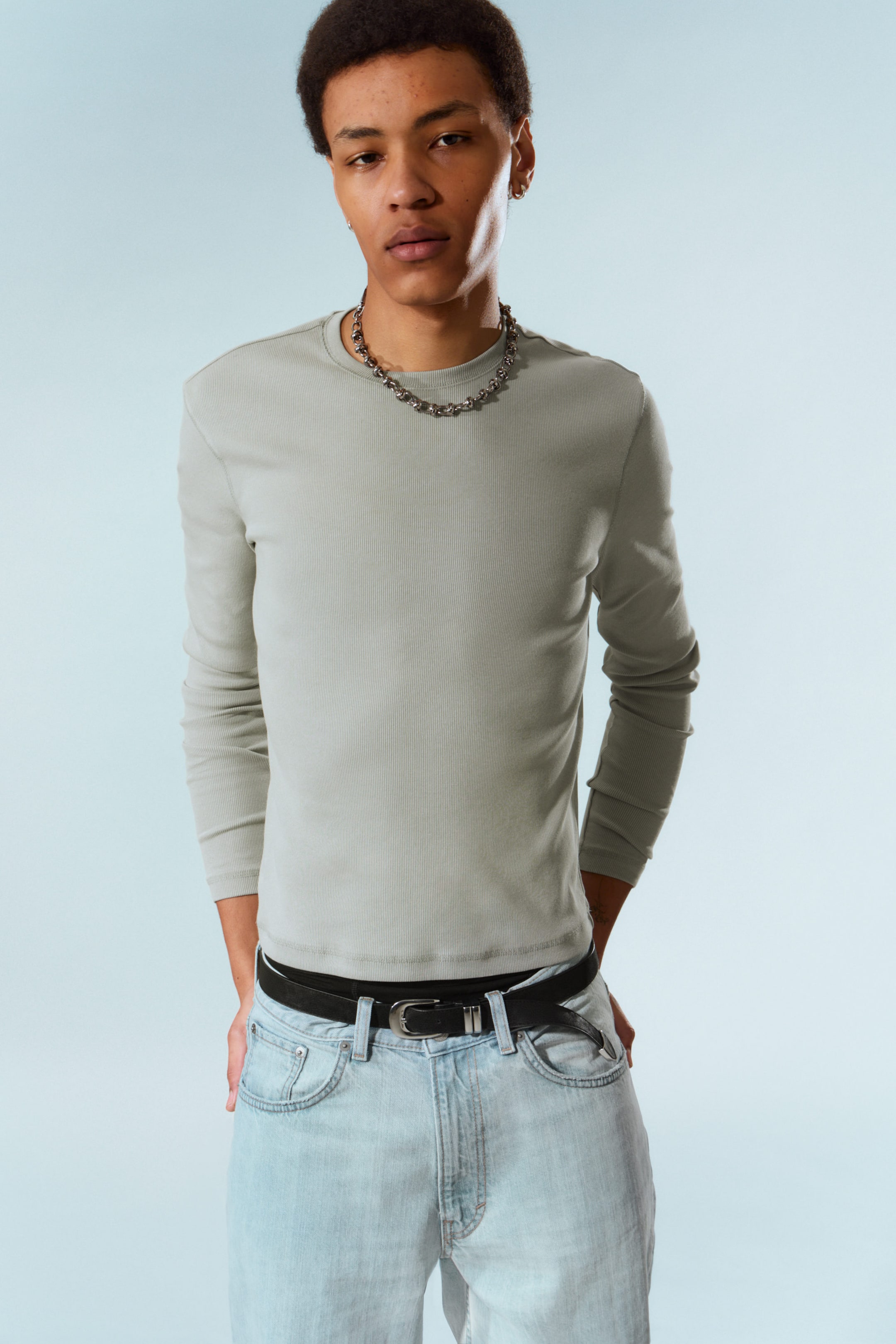 Grau - Geripptes Longsleeve-Shirt - 1