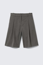 Dark Grey - Herringbone - Low Rise Loose Pleated Suiting Shorts - 3