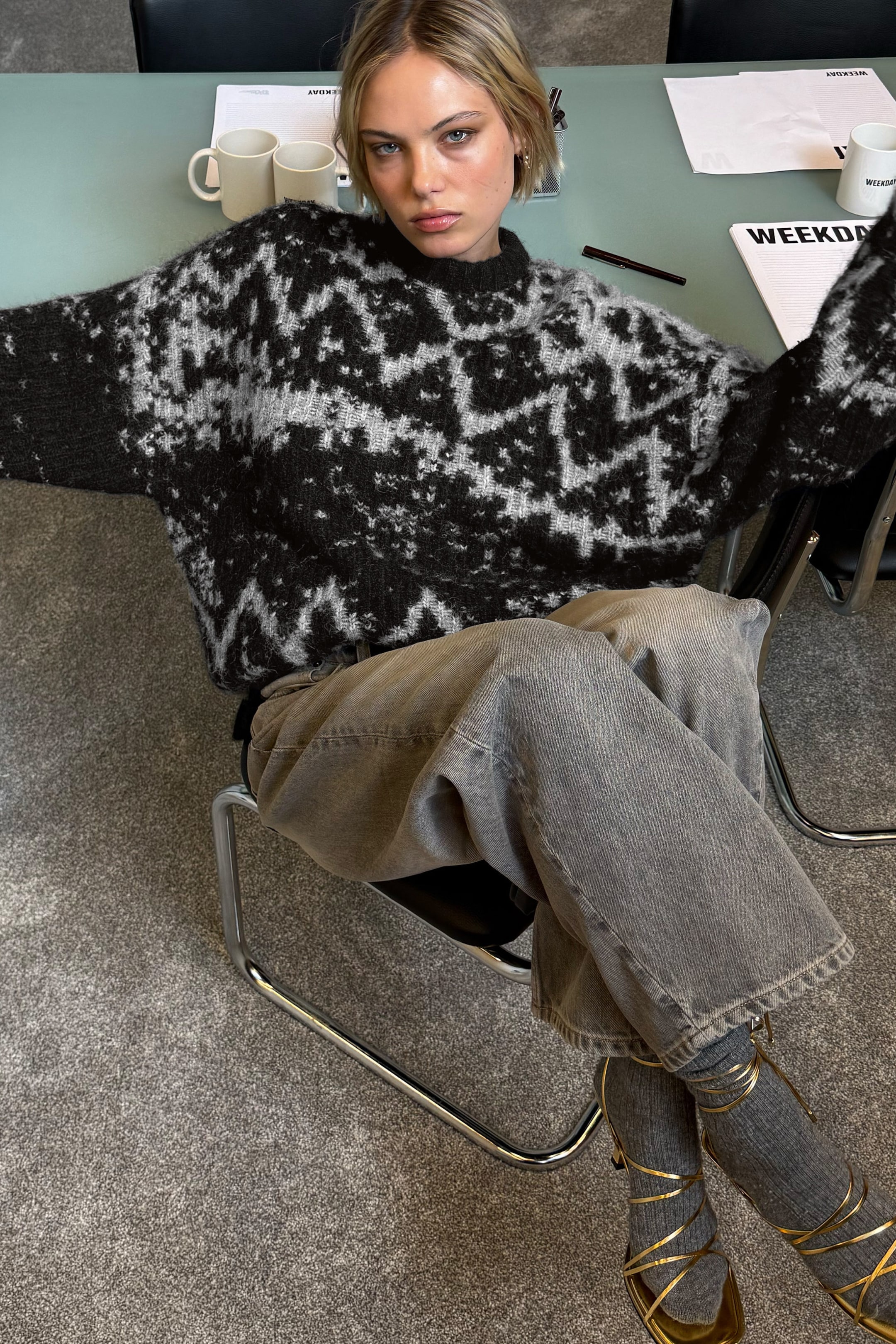 Dusty Black & Grey Haze - Oversized Fair Isle Knit Sweater - 1