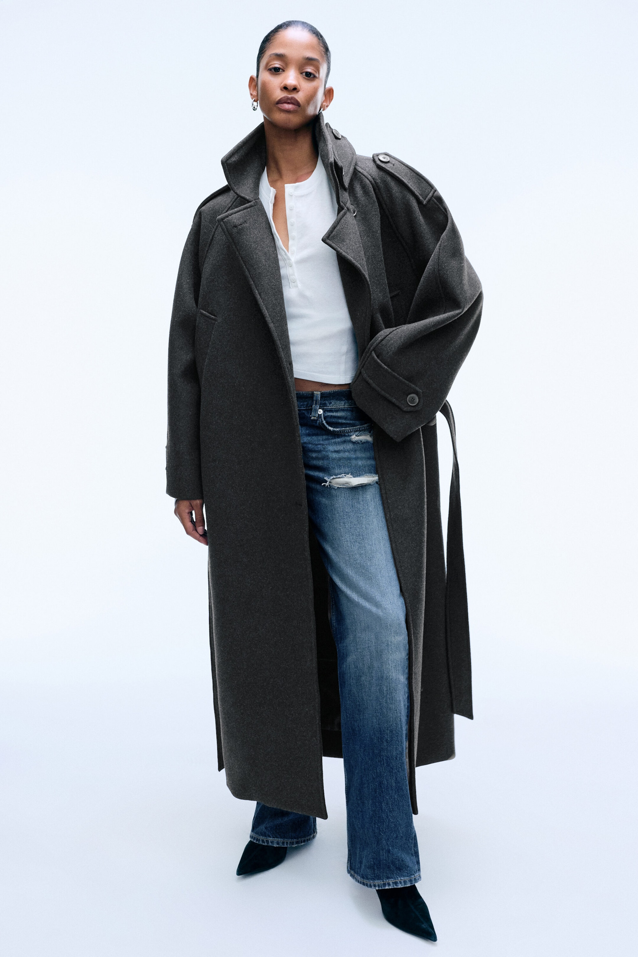 Dark Grey Melange - Belted wool-blend coat - 0