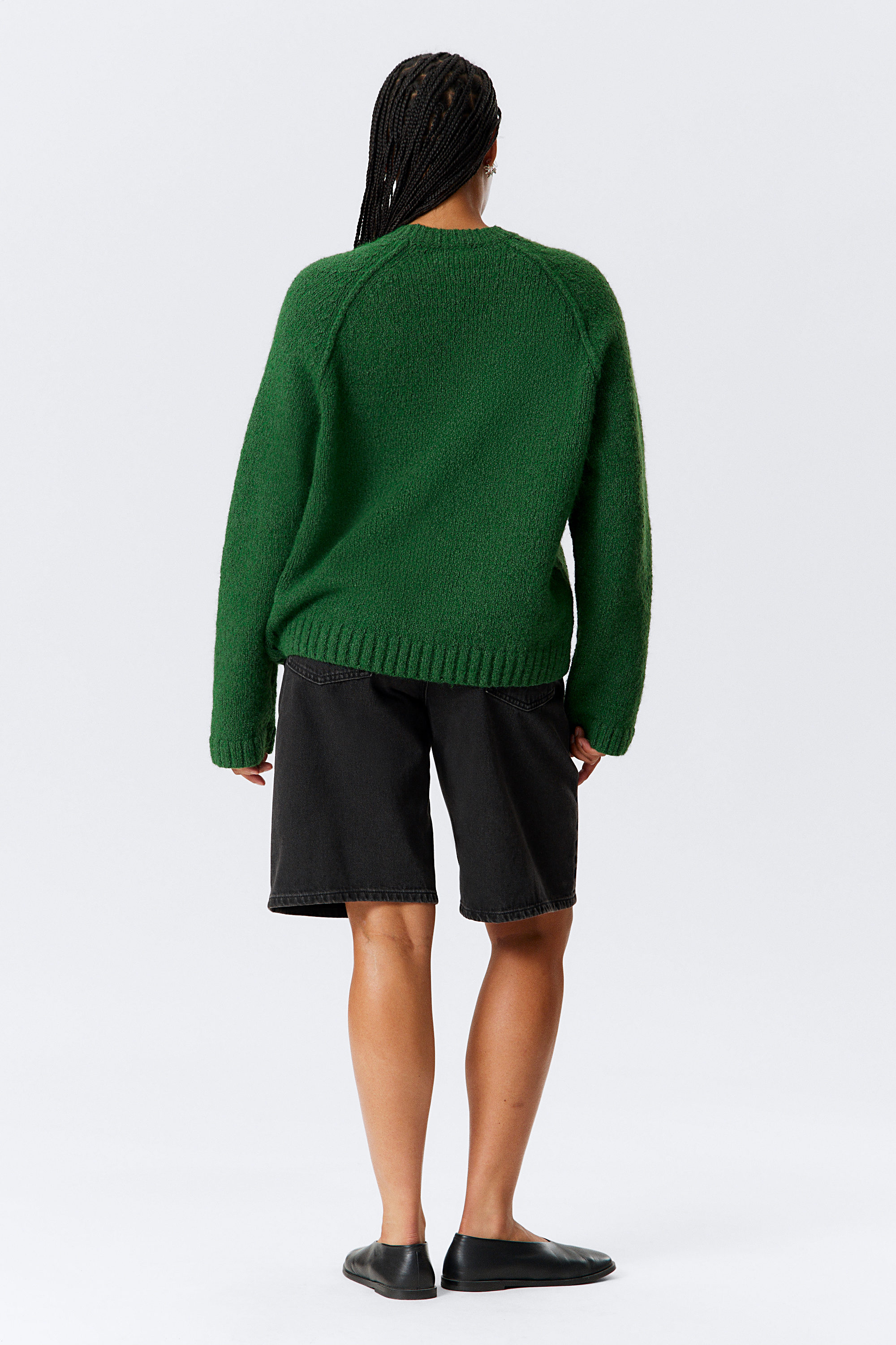 Dark Green - Loose Knitted Raglan Sweater - 2