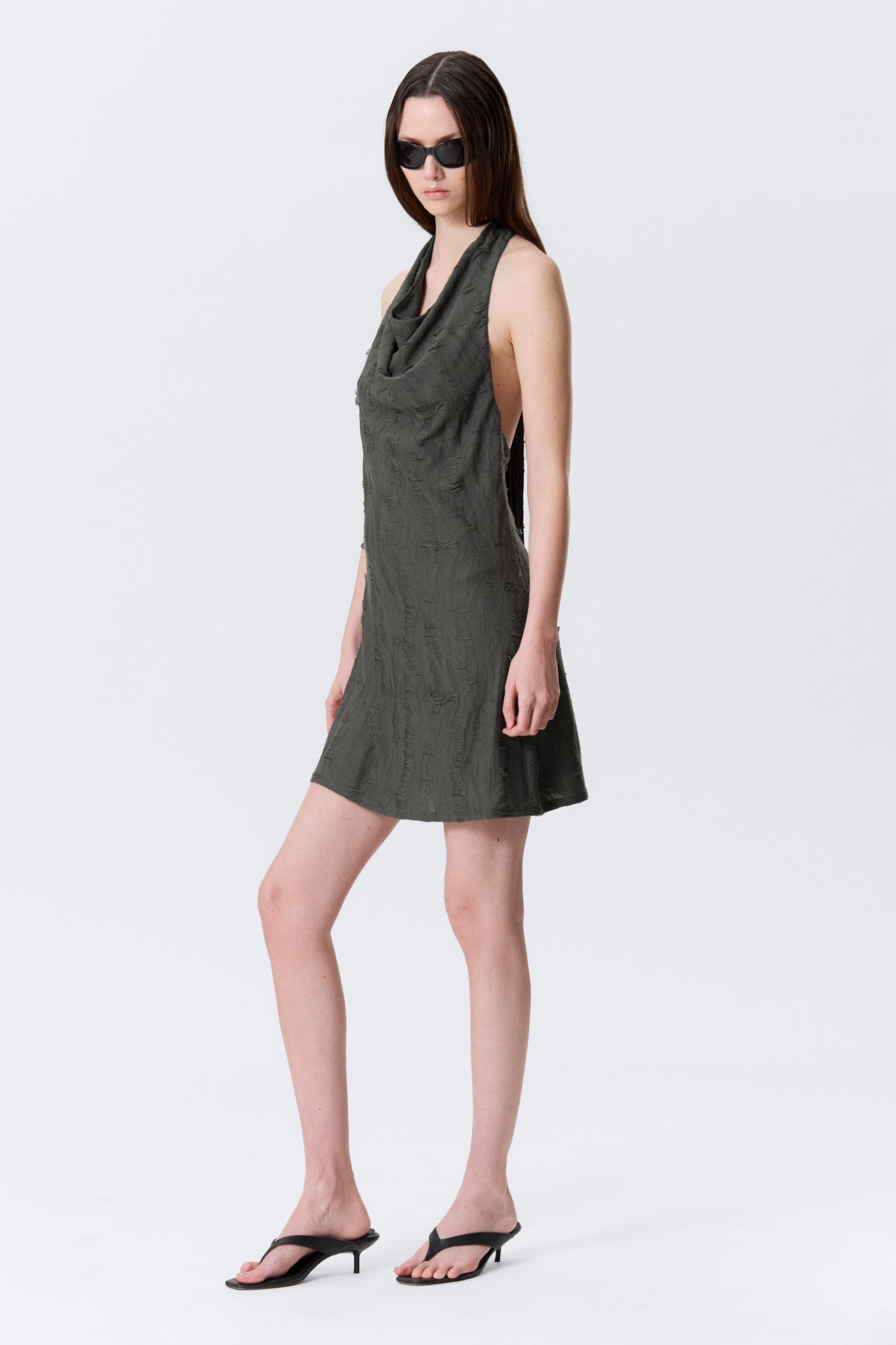 Cowl-Neck Jacquard Halter Mini Dress - Donkergrijs - 5