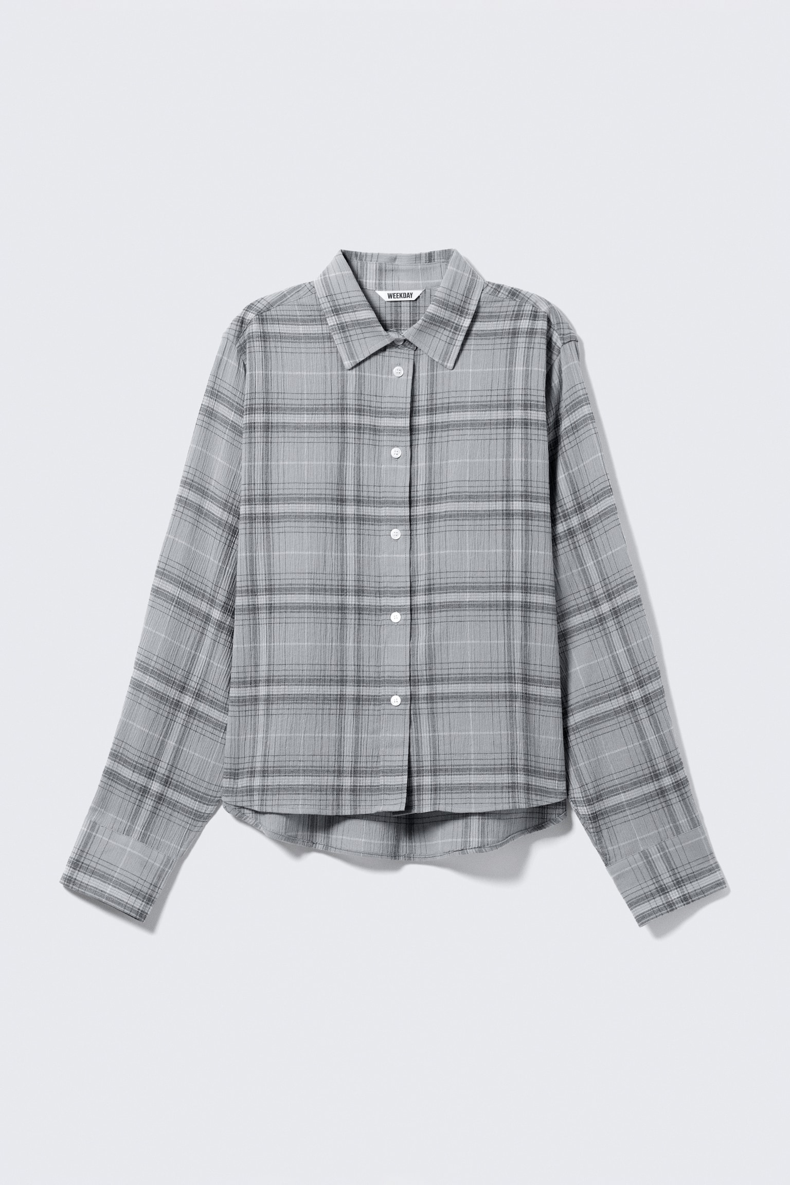 Cropped Button-Up Cotton Shirt - Dusty Blue Check - 2