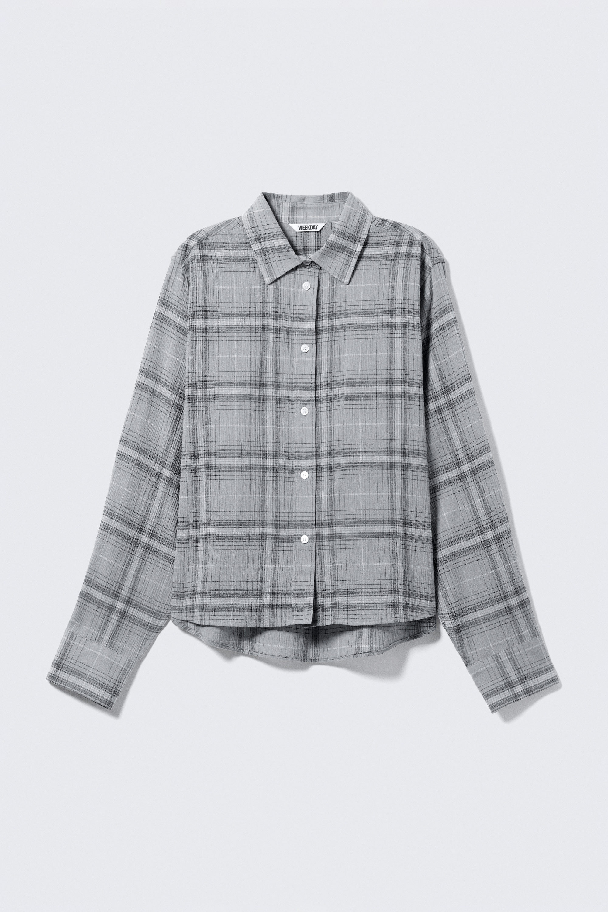 Dusty Blue Check - Cropped Button-Up Cotton Shirt - 3