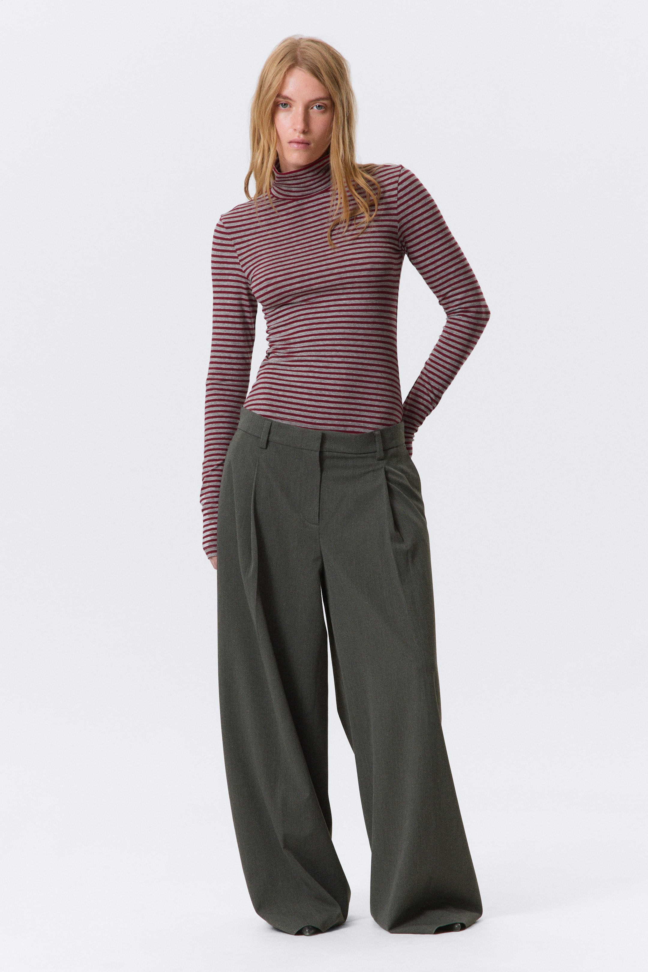 Grey & Red Stripes - Fitted Striped Turtleneck Top - 2