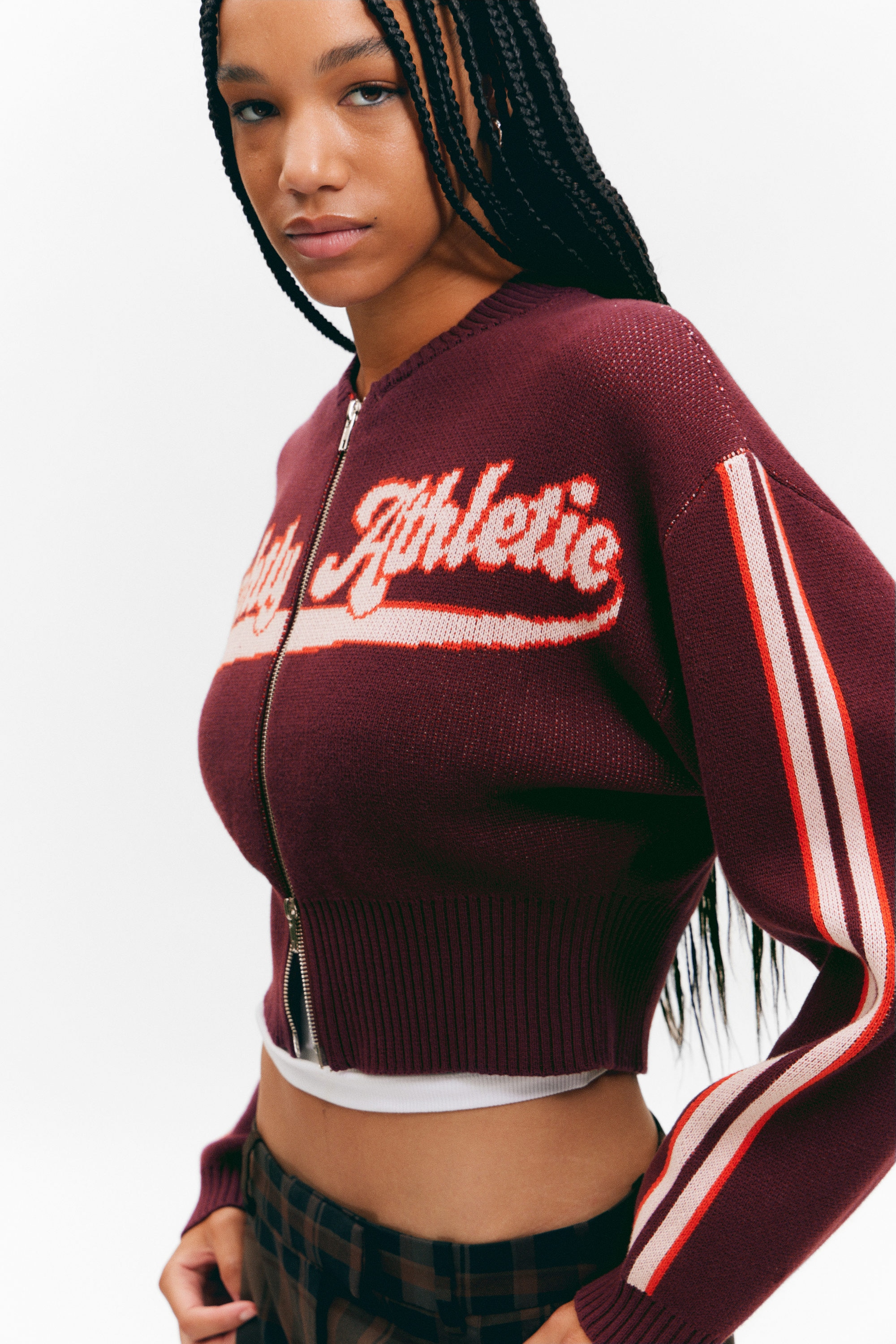 cropped jacquard zip cardigan - Dark Red - Slightly Athletic