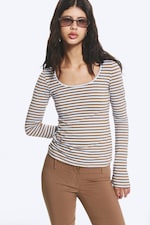 Blå/Brun Stripete - Langermet slim-fit topp med utringning - 0