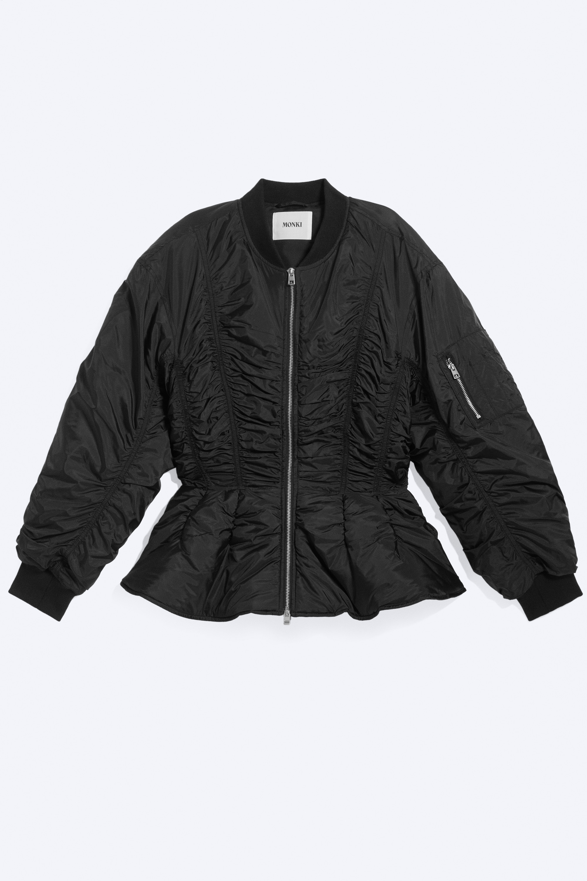 Blusão Bomber Slim com Franzido e Peplum - Preto/Toupeira sujo