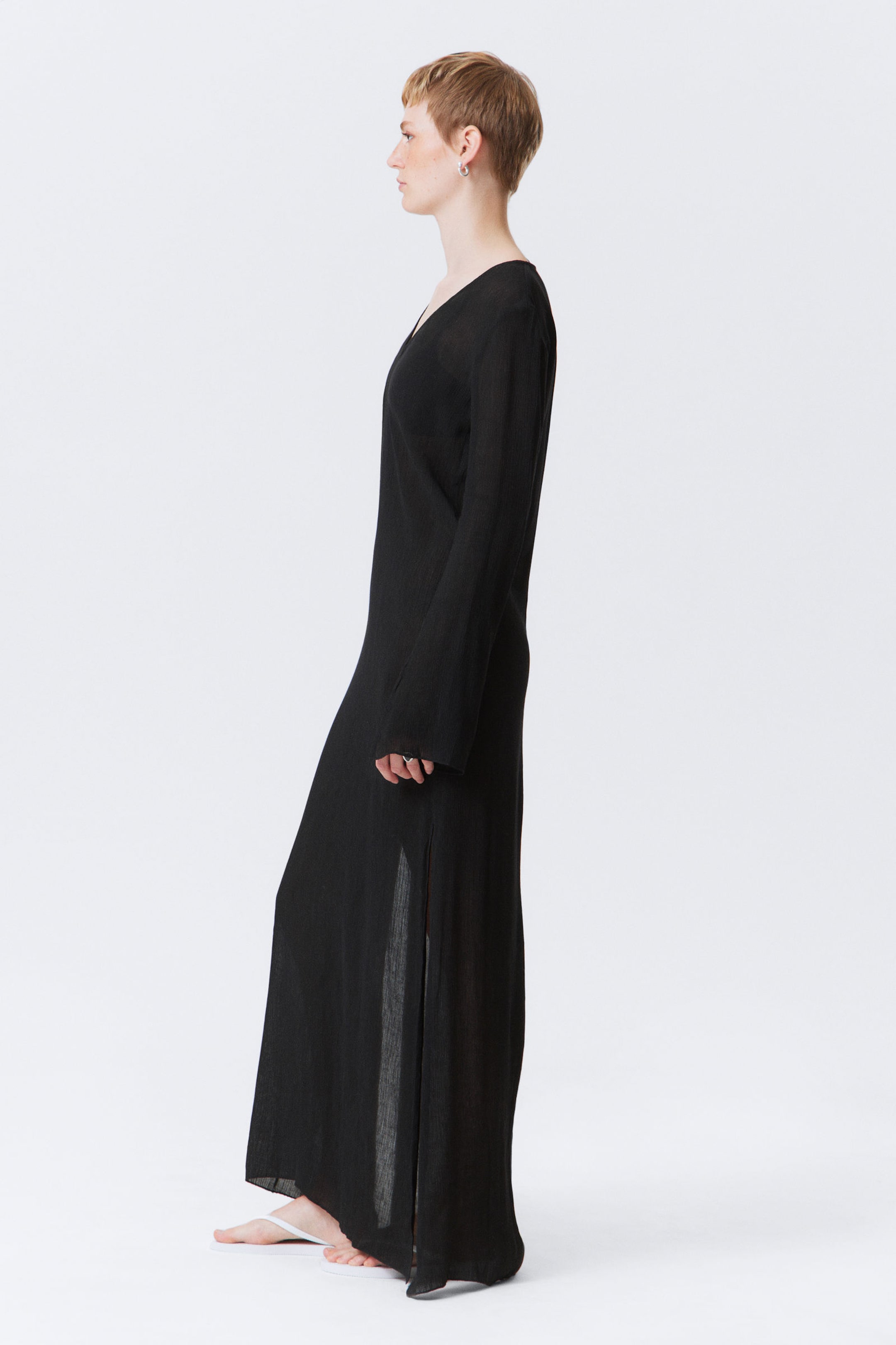 Black - Sheer Long-Sleeved V-neck Maxi Dress - 2