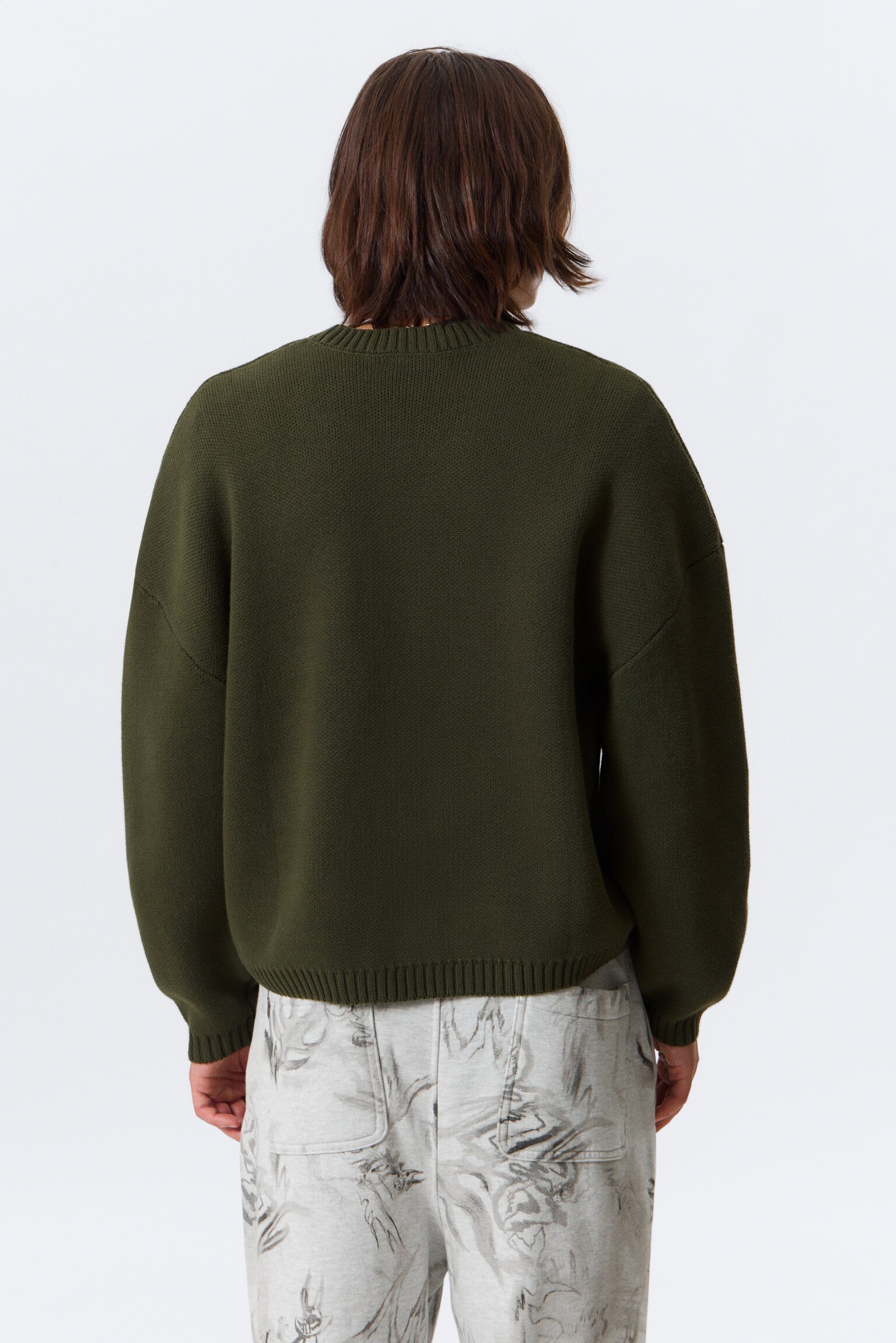 Oversized Heavyweight Cotton Sweater - Dark Khaki Green/Black - 3
