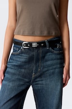 Black - Multi D-Ring Faux Leather Belt - 0