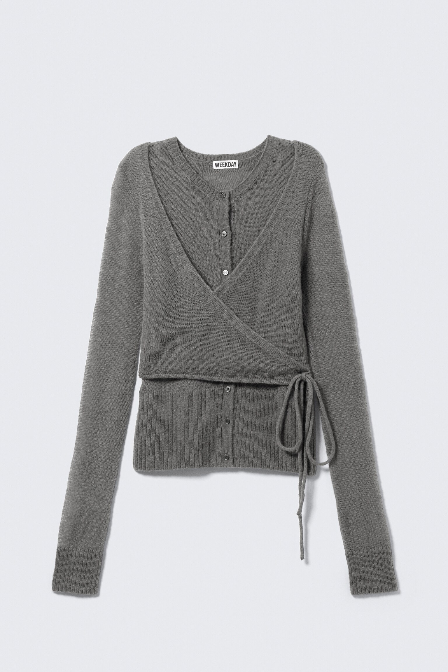 Buttoned Wrap-Effect Wool-Blend Cardigan - Grey/White - 2