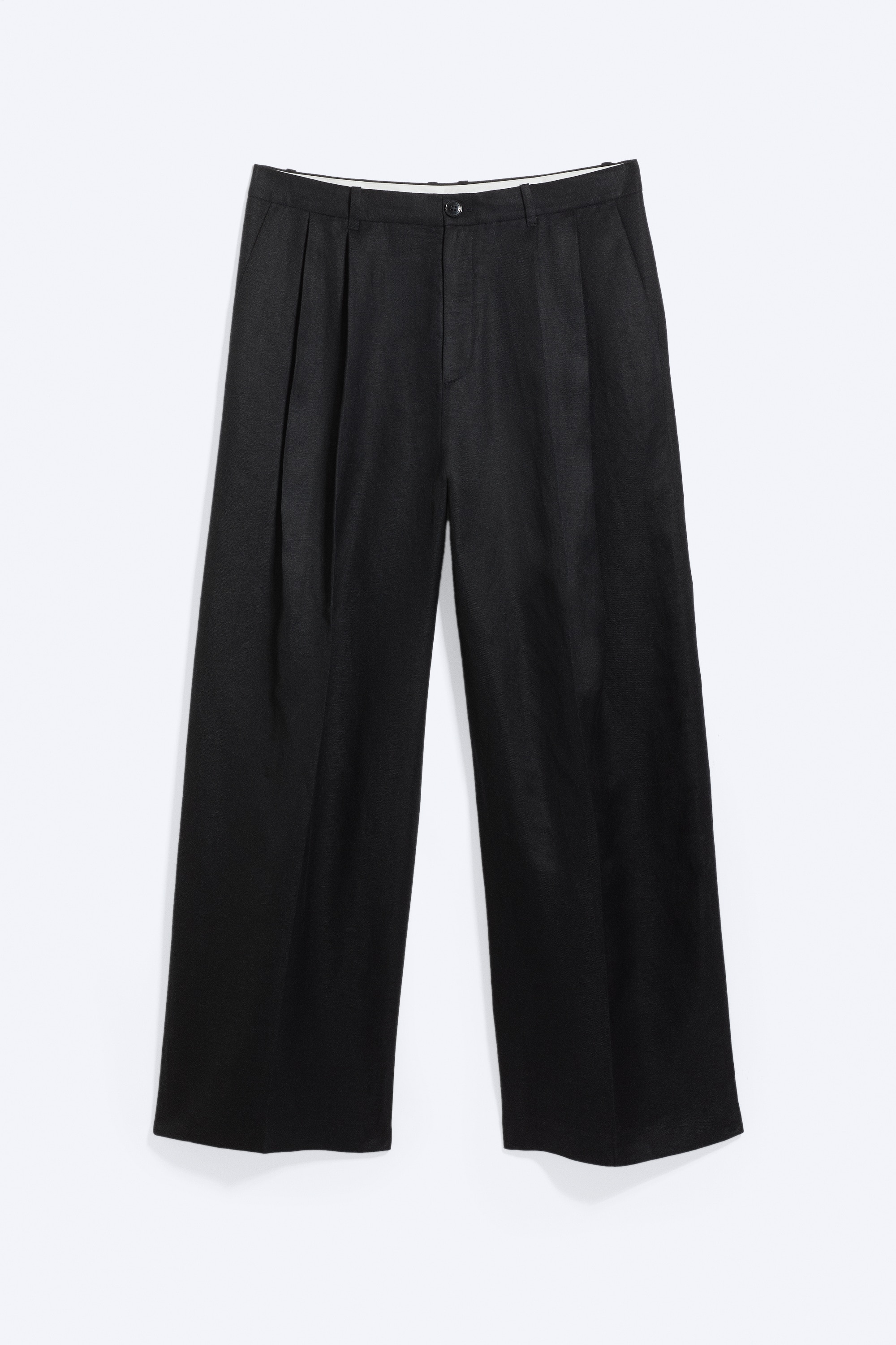 Nate rechte linnen broek met normale taille en wijde taille - Zwart/Vaal lichtbeige