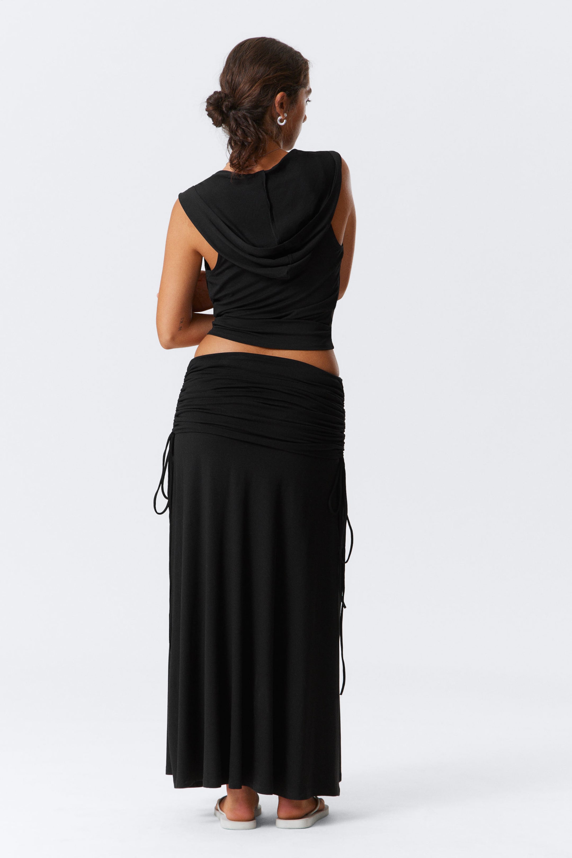 Black - Draped Drawstring Maxi Skirt - 3