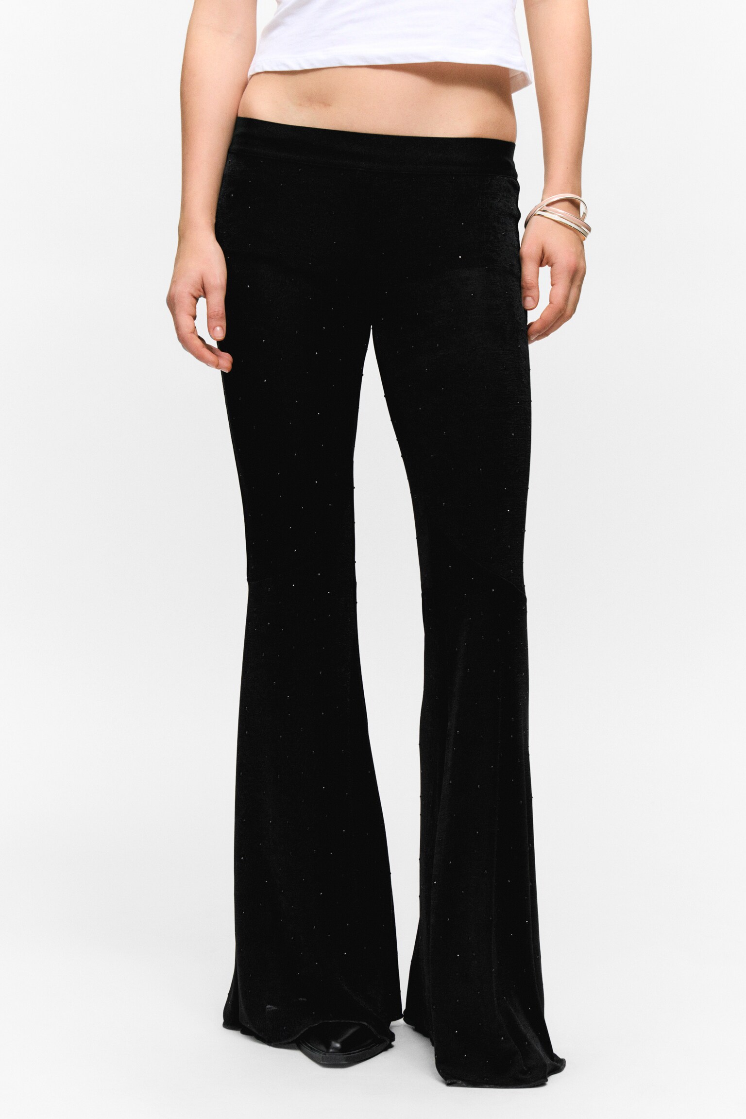 Flared Rhinestone Trousers - Black - Rhinestones - 4