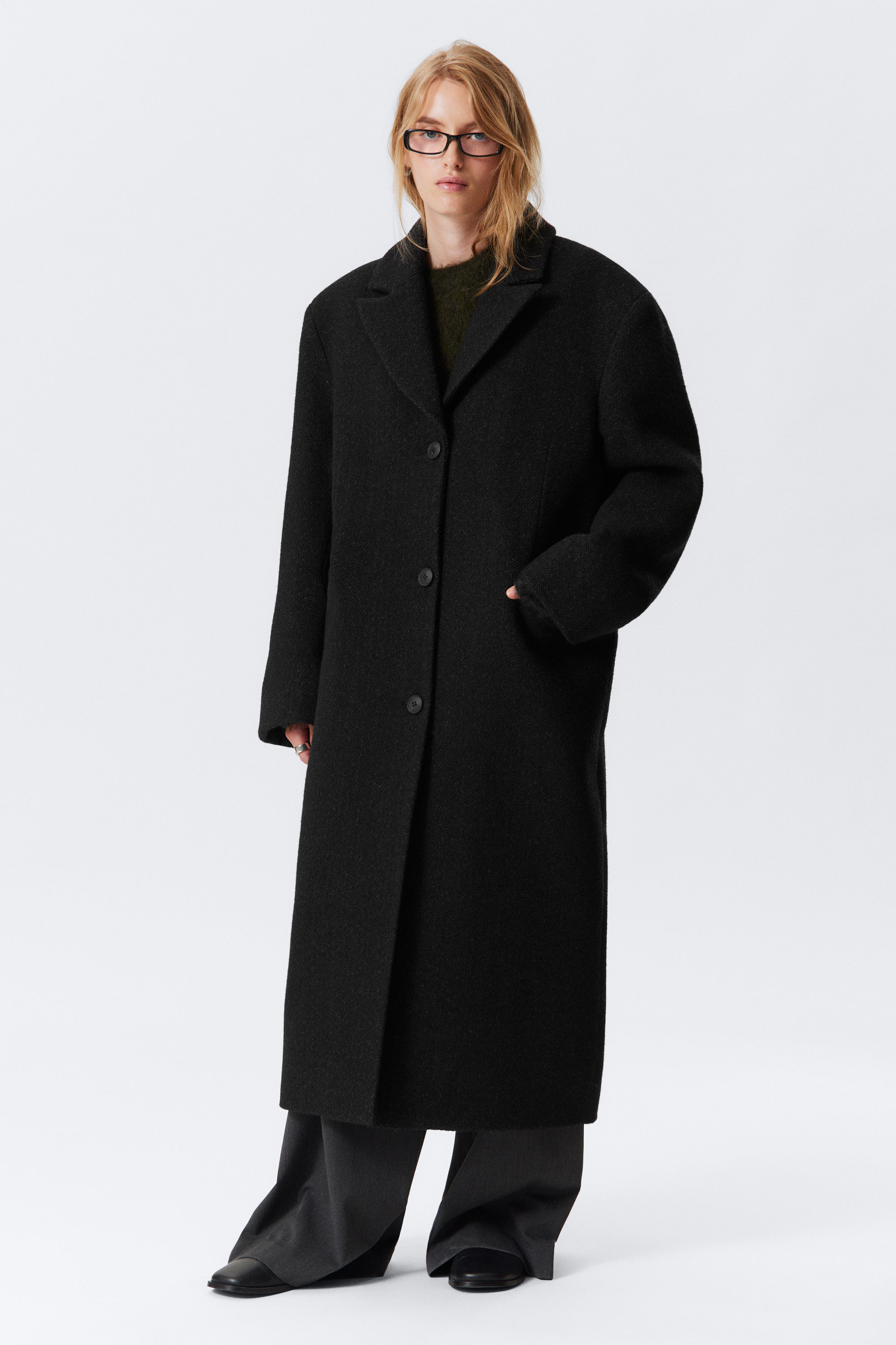 Black Herringbone - OVERSIZED WOOL-BLEND COAT - 2