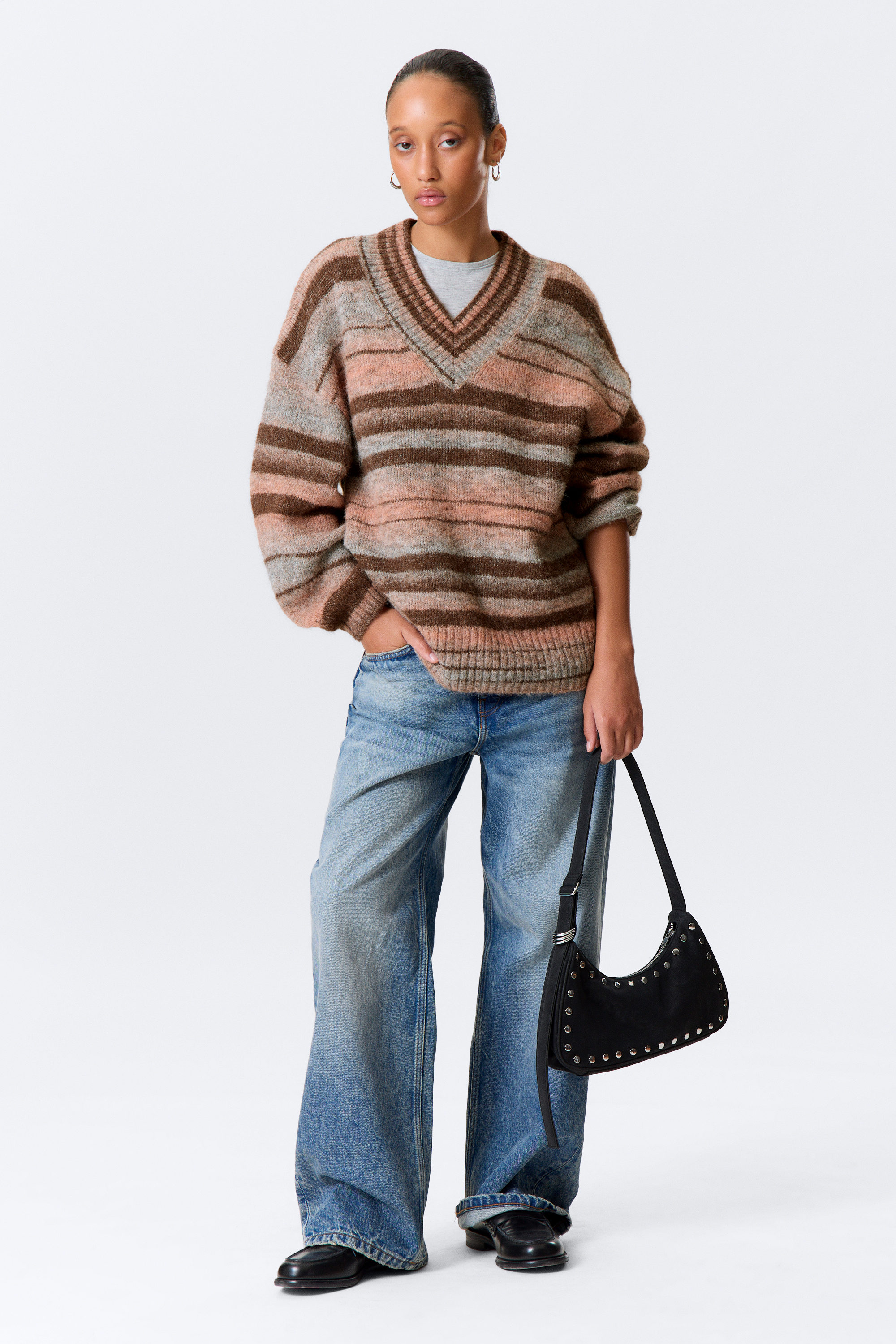 Brown & Orange Stripe - Oversized Knitted V-neck Sweater - 2