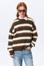 Striped Brown - Knitted Oversized Boxy Cotton Sweater - 0