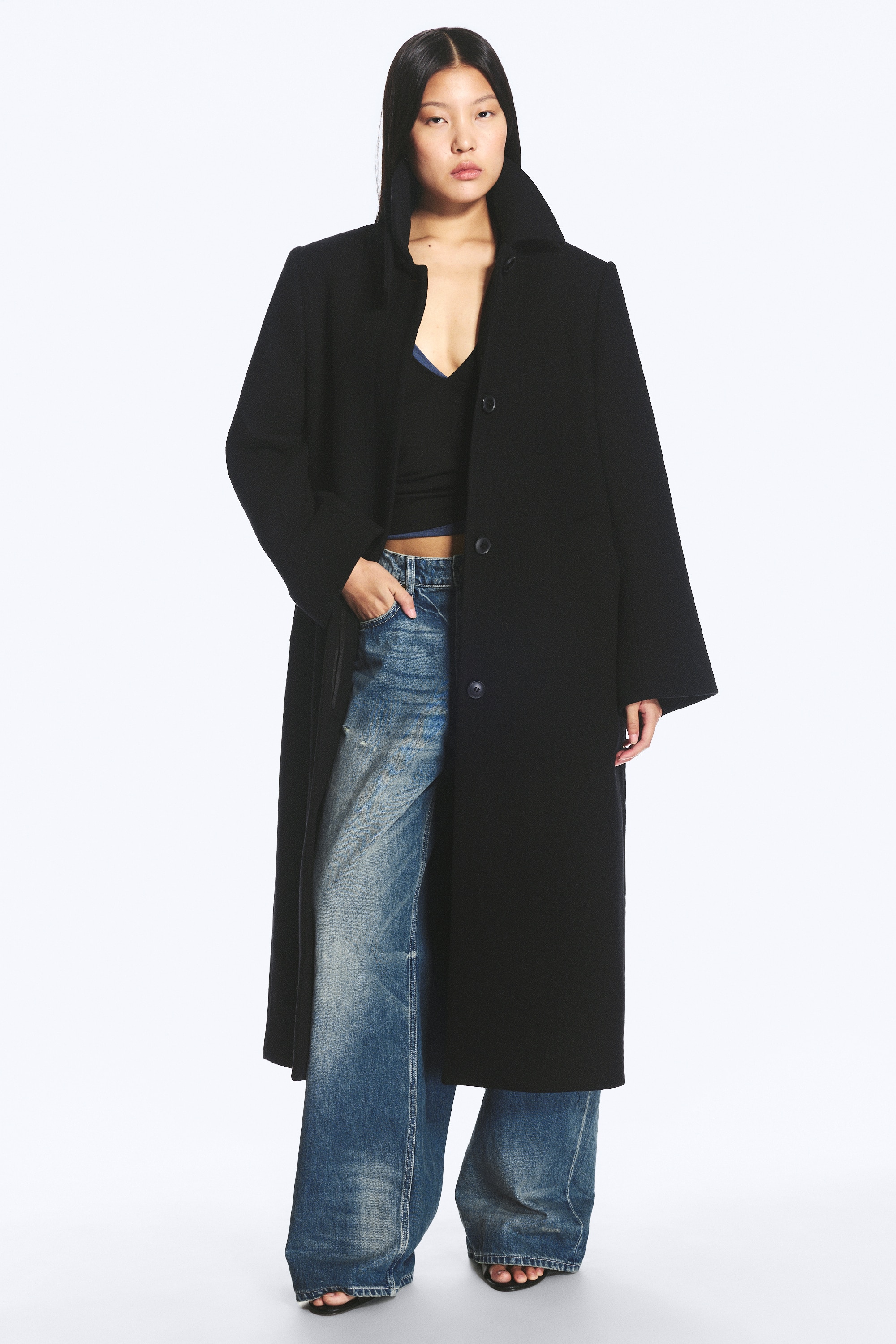 Lange oversized jas van een wolmix - Zwart/Donkergrijs gemêleerd