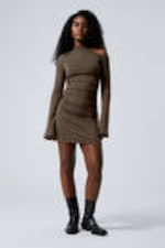 Dark Brown - Gathered Mini Long Sleeve Dress - 0