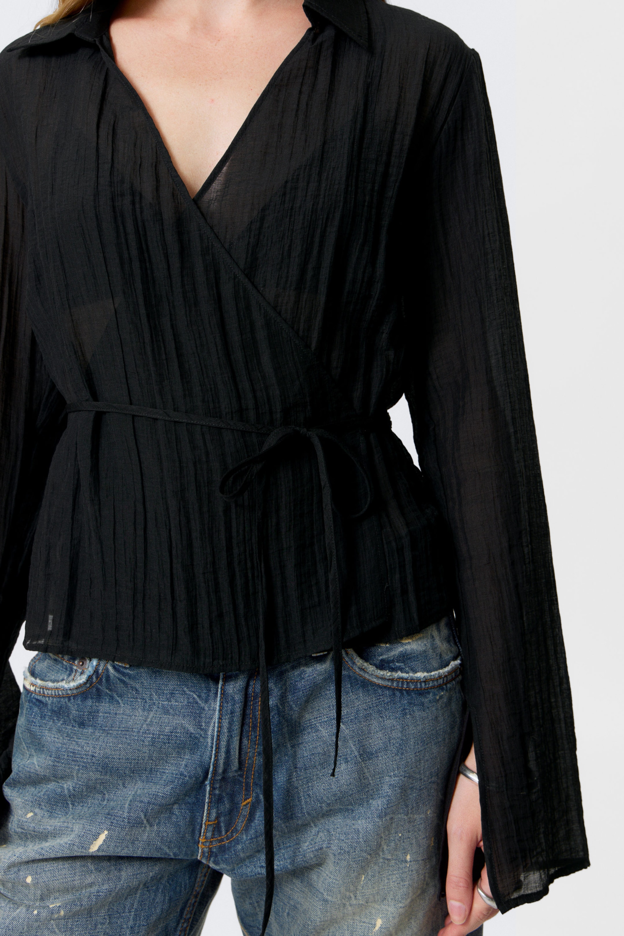 Transparent Black - Textured Long-Sleeved Wrap Shirt - 2