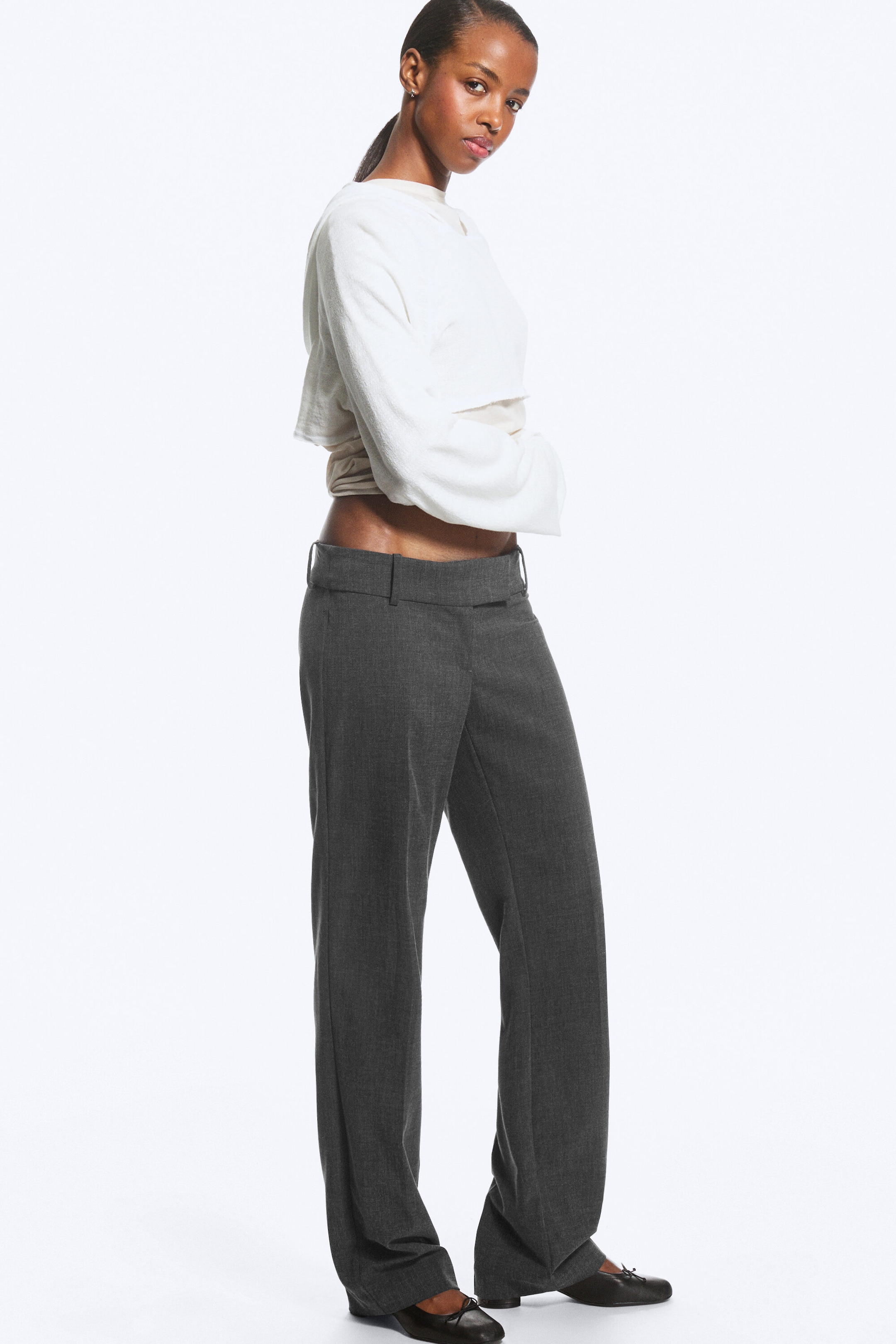 Dark Grey Melange - Low-Rise Straight Suiting Trousers - 2