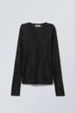 Black Jacquard - Fitted Long-Sleeve Jacquard Top - 0