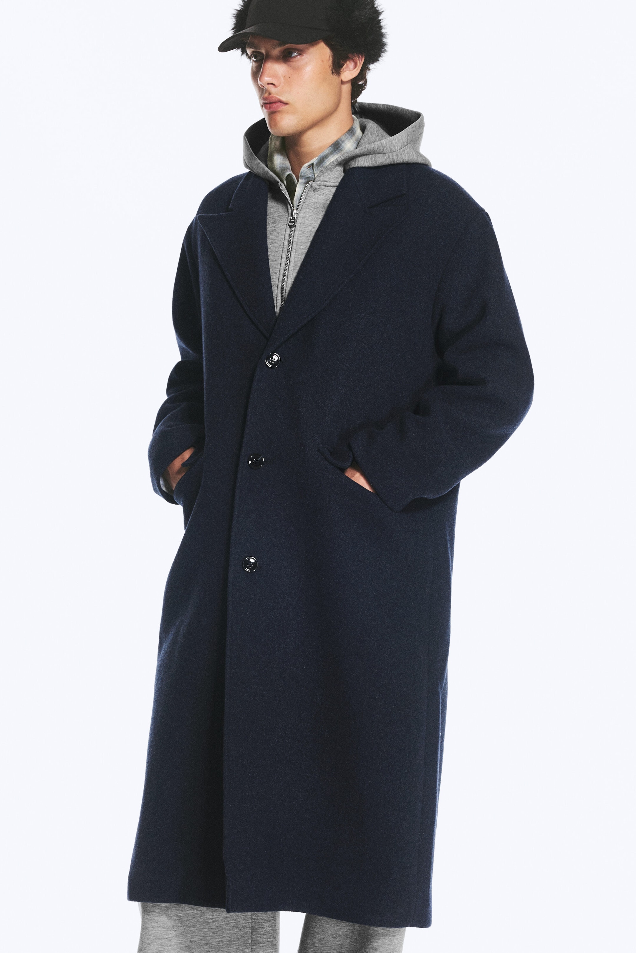 Dark Blue Melange - Oversized Single-Breasted Wool Blend Coat - 0