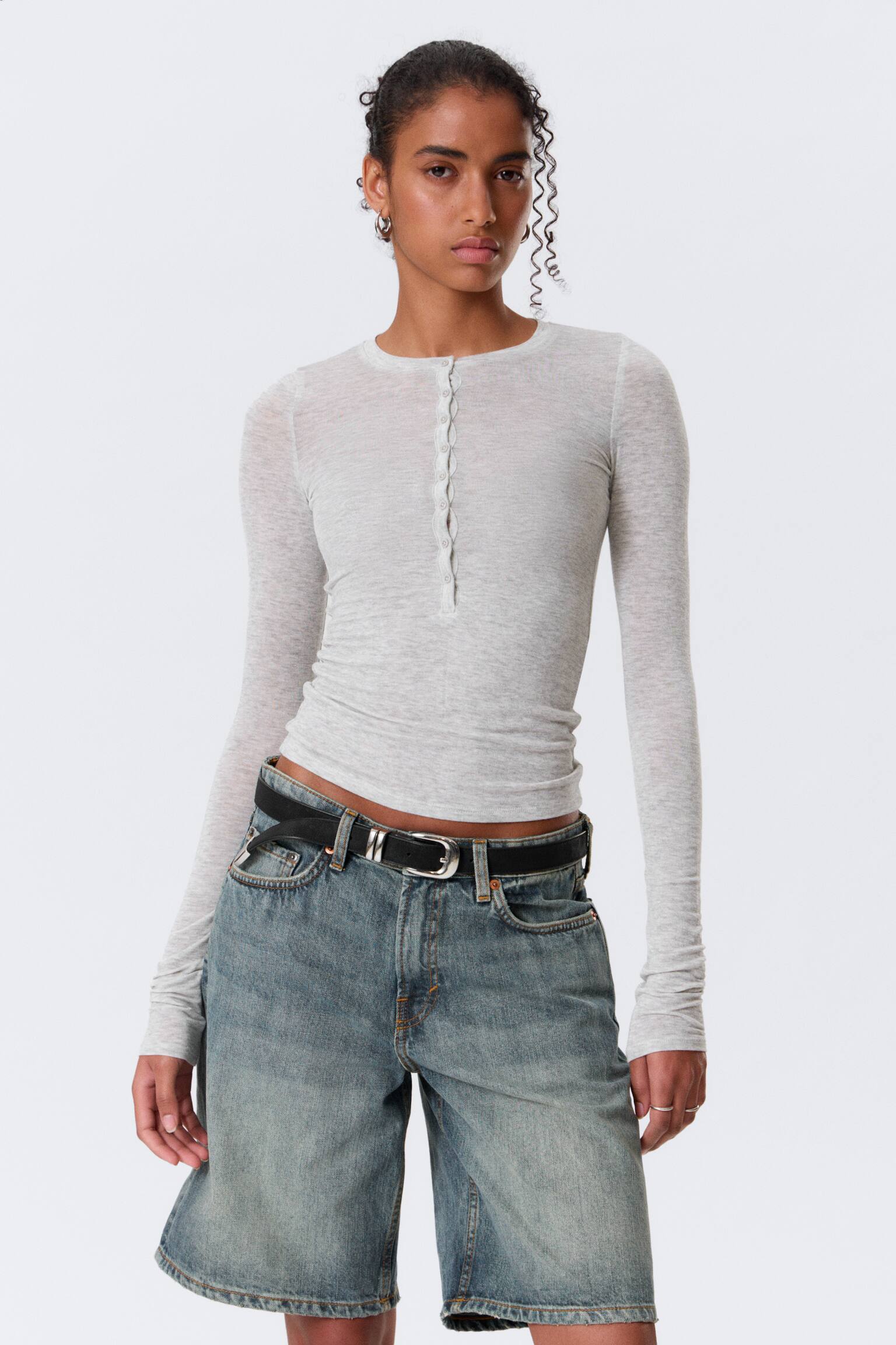 T-shirt slim a maniche lunghe - Grigio mélange/Nero/Bianco - 4