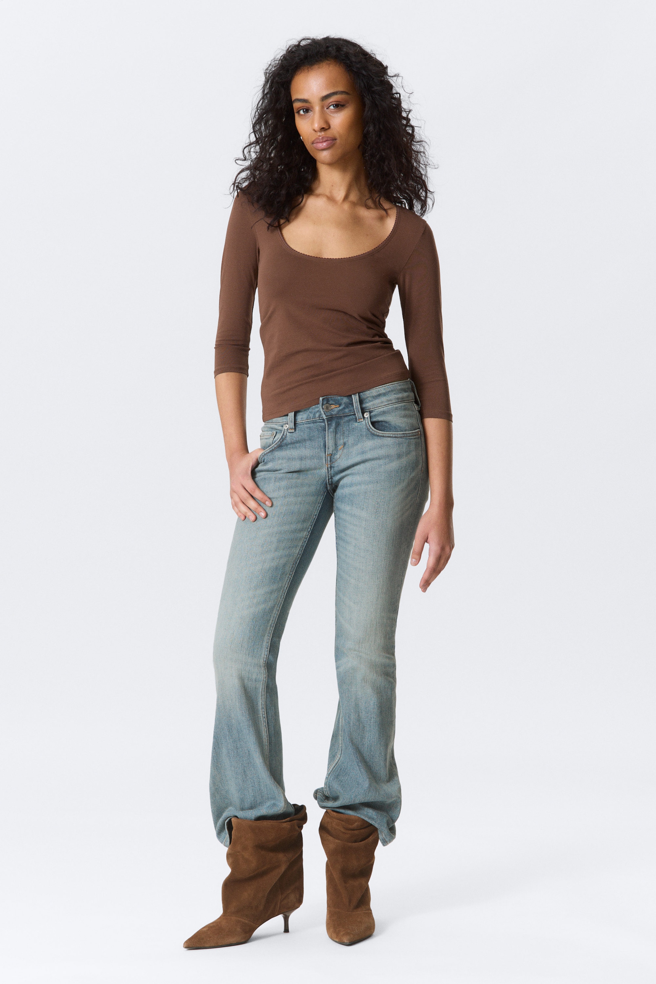 Mörkbrun - Fitted Three-Quarter Sleeve Top - 2