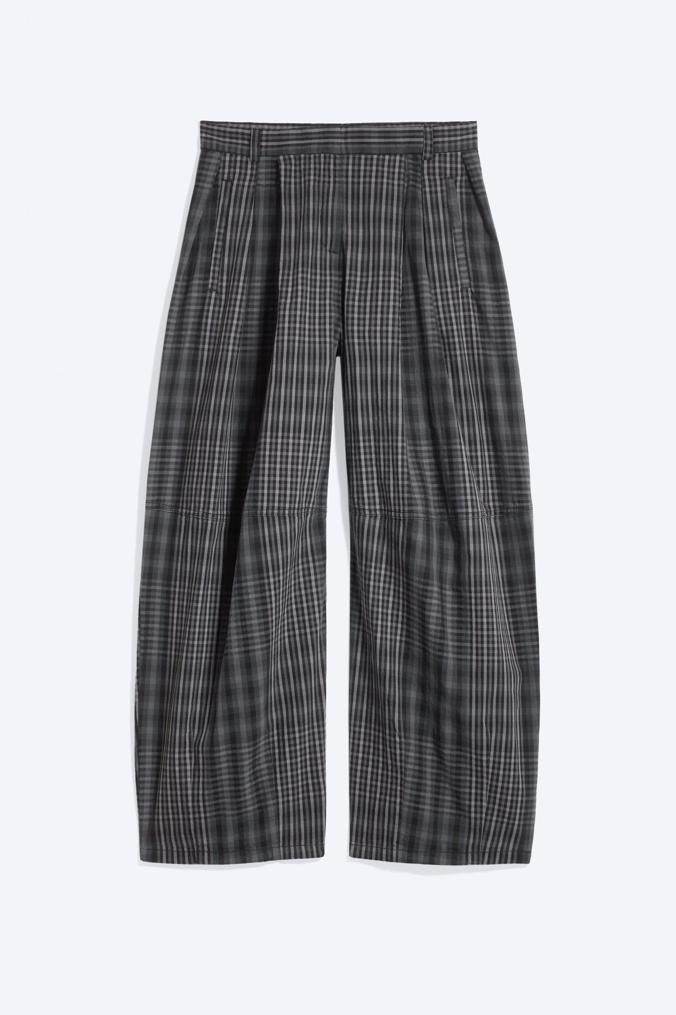 Checked Dark Grey - Low-Rise Pleated Barrel Trousers - 1