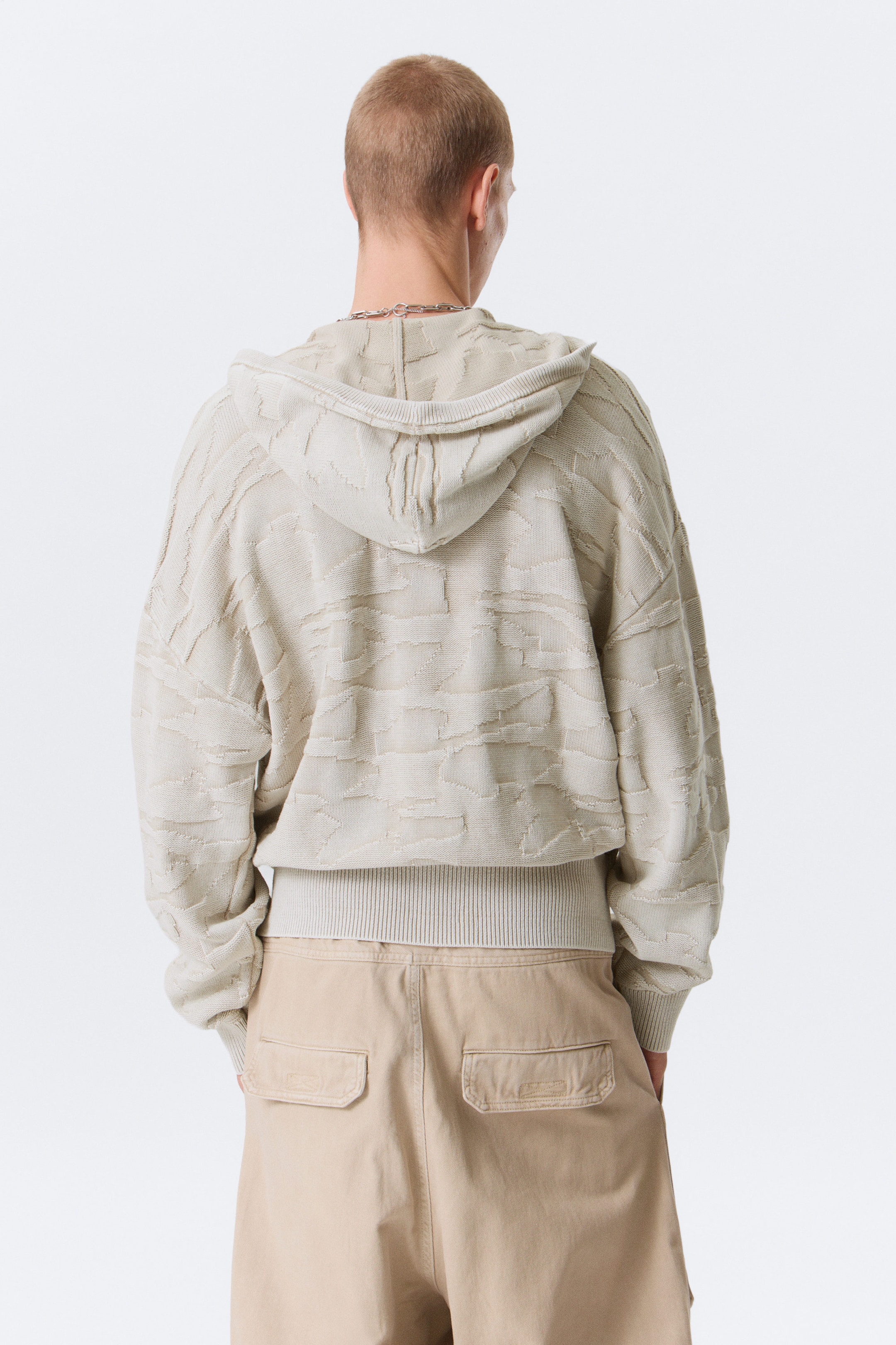 Light Patterned Beige - Boxy Textured Knit Zip Hoodie - 3