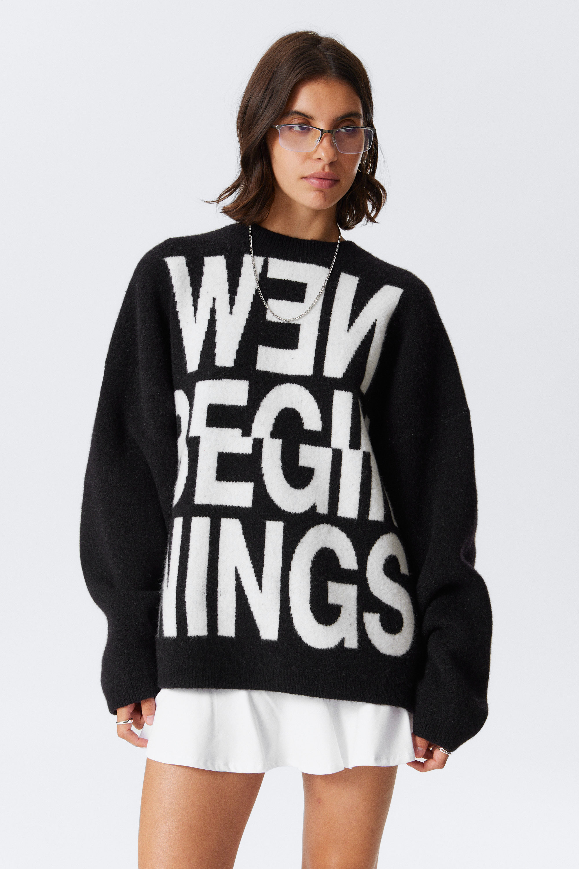 Black - New Beginnings - Oversized Jacquard Knitted Sweater - 1