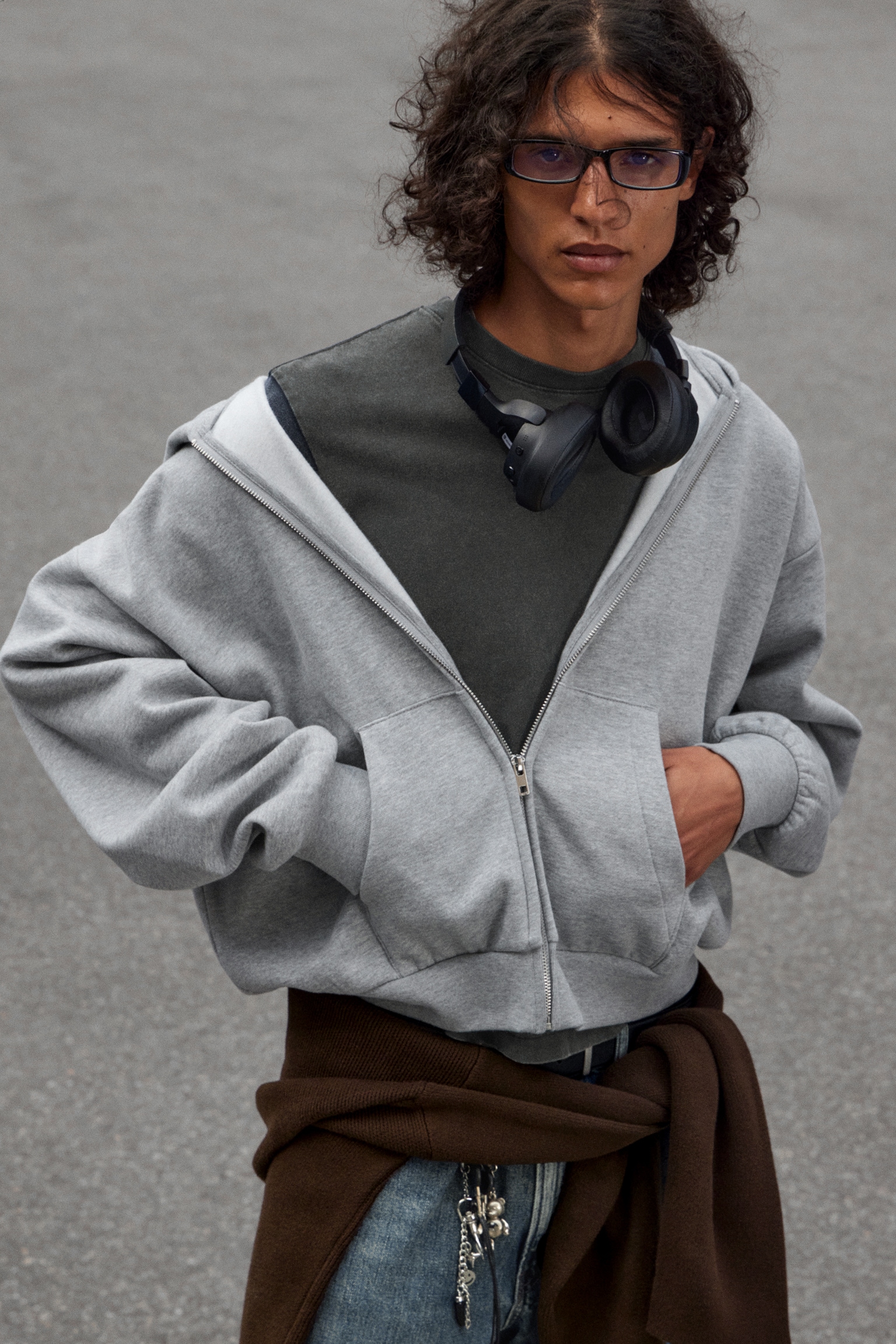 Loose Fit Zip Hoodie - Grey Melange/Dark Brown/Black