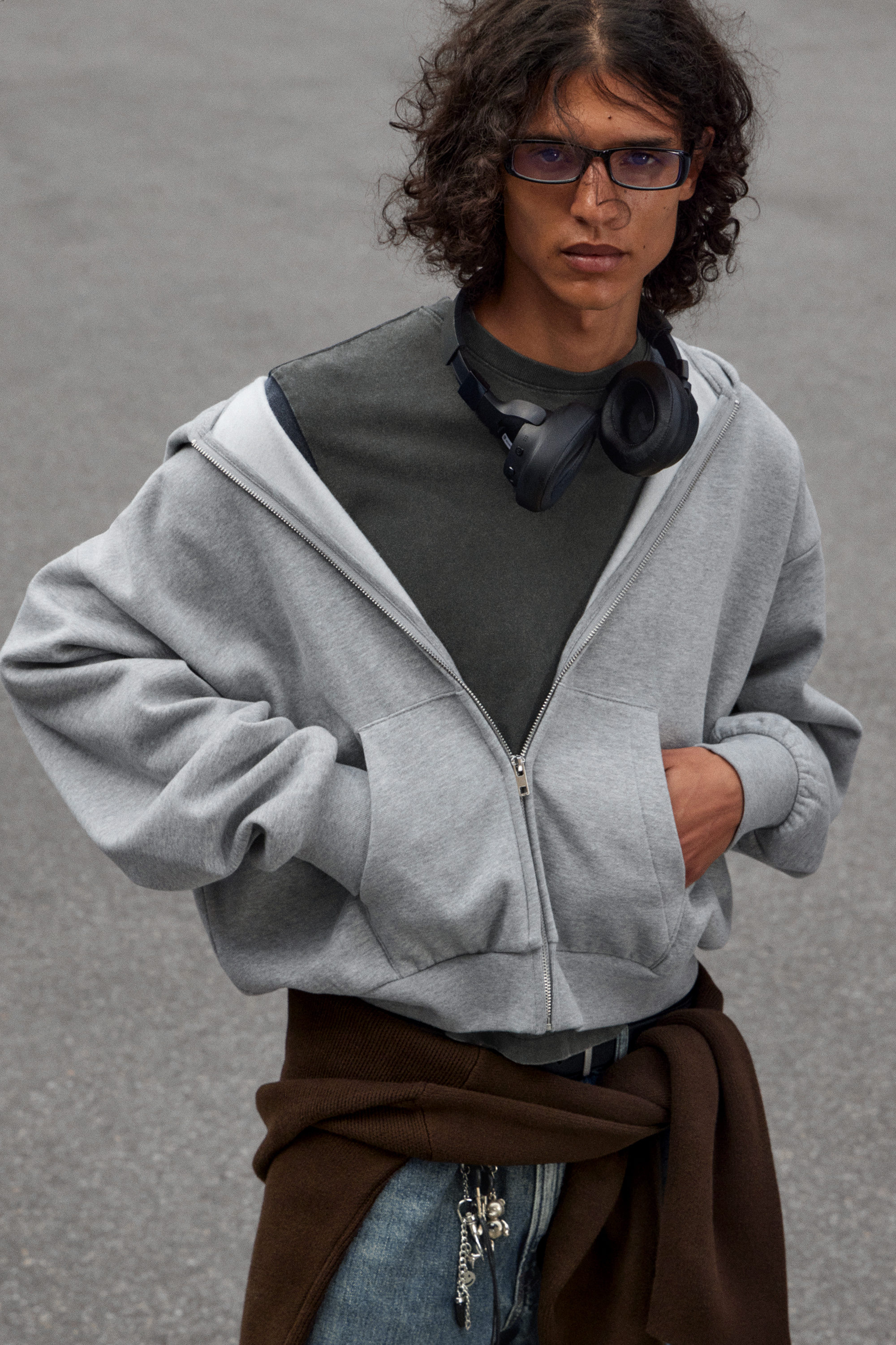 Grey Melange - Loose Fit Zip Hoodie - 2