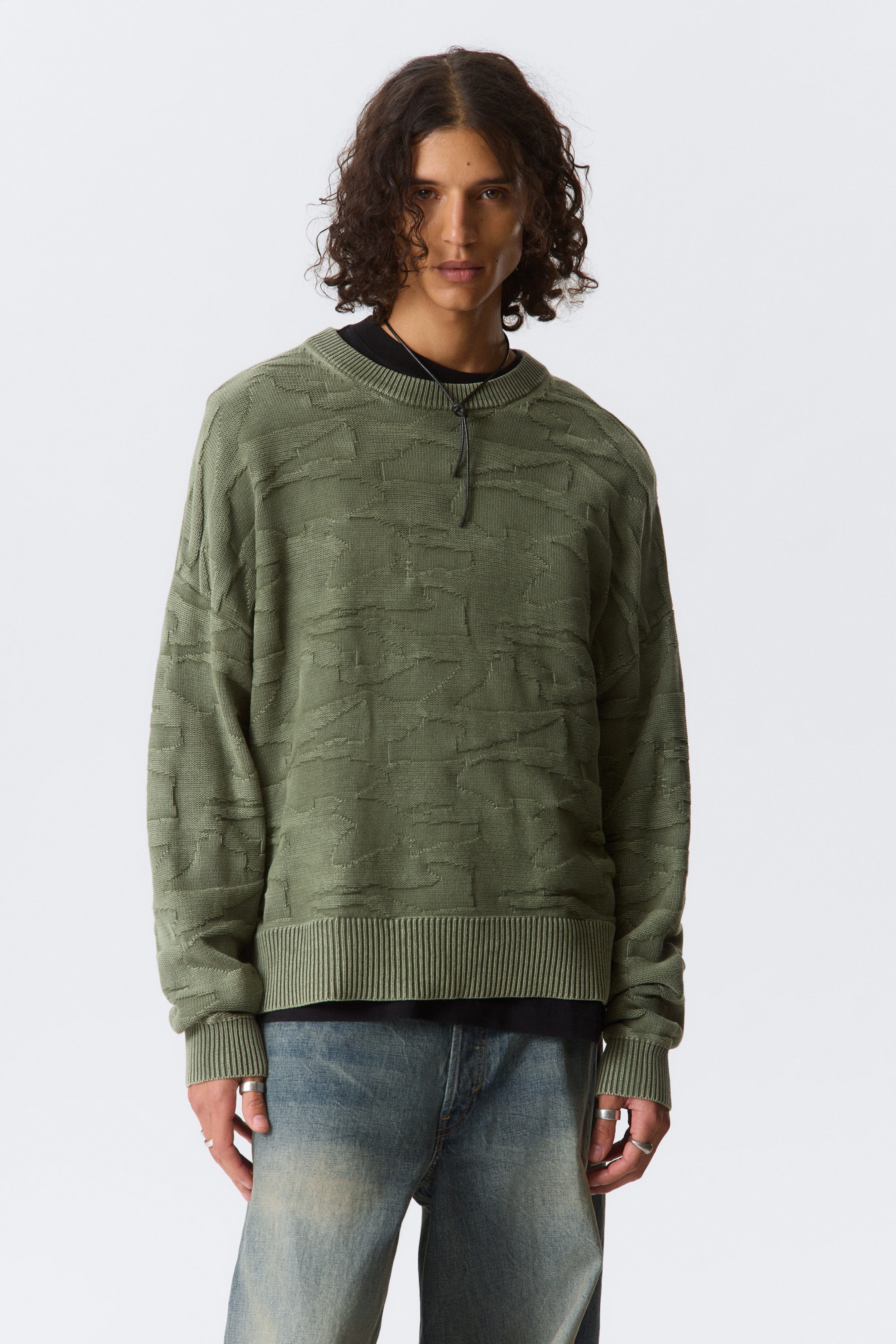 Structured Dark Green - Oversized Graphic Cotton Knit Sweater - 2