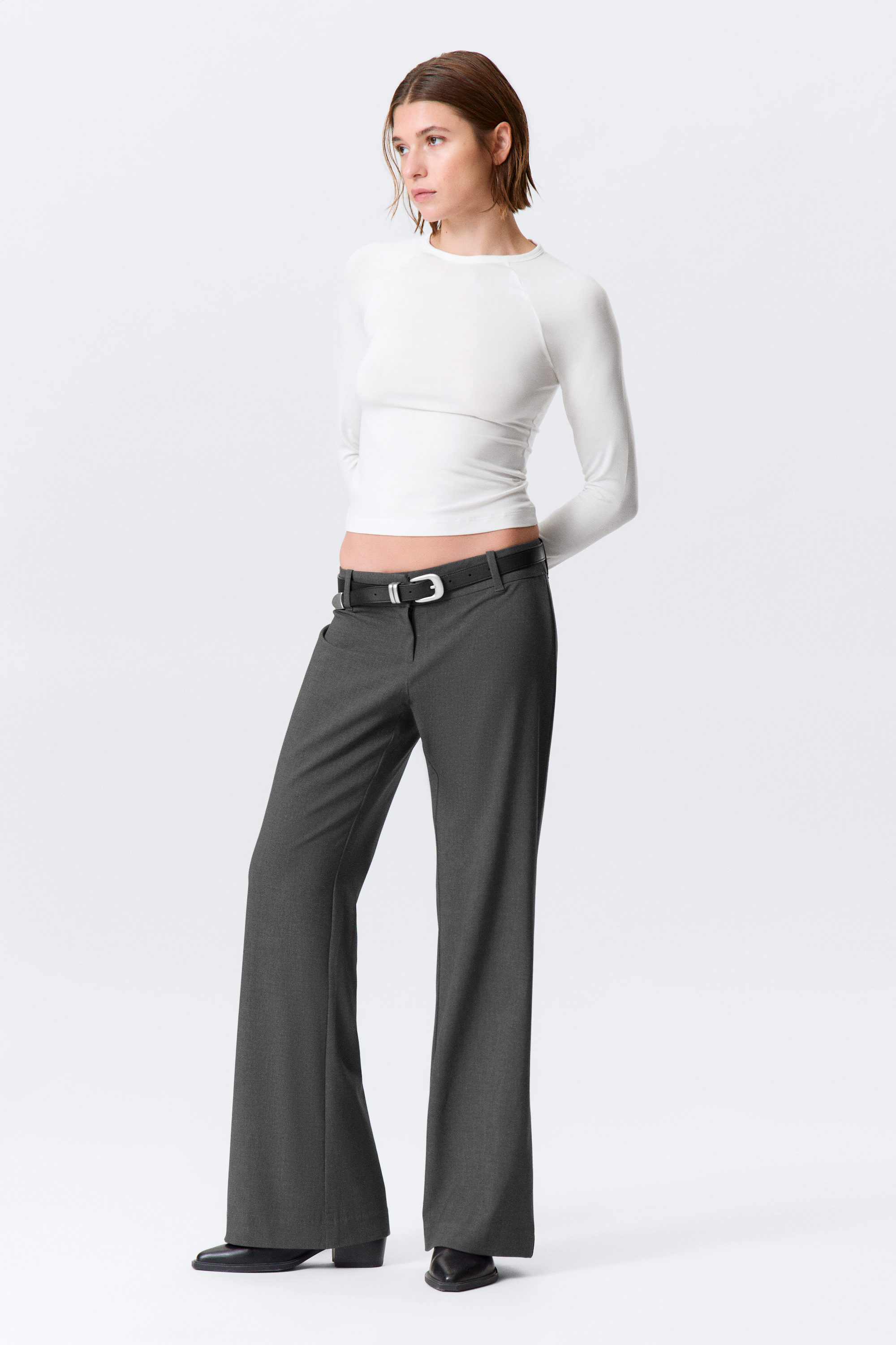 Dark Grey Melange - Low-Rise Flared Suiting Trousers - 5