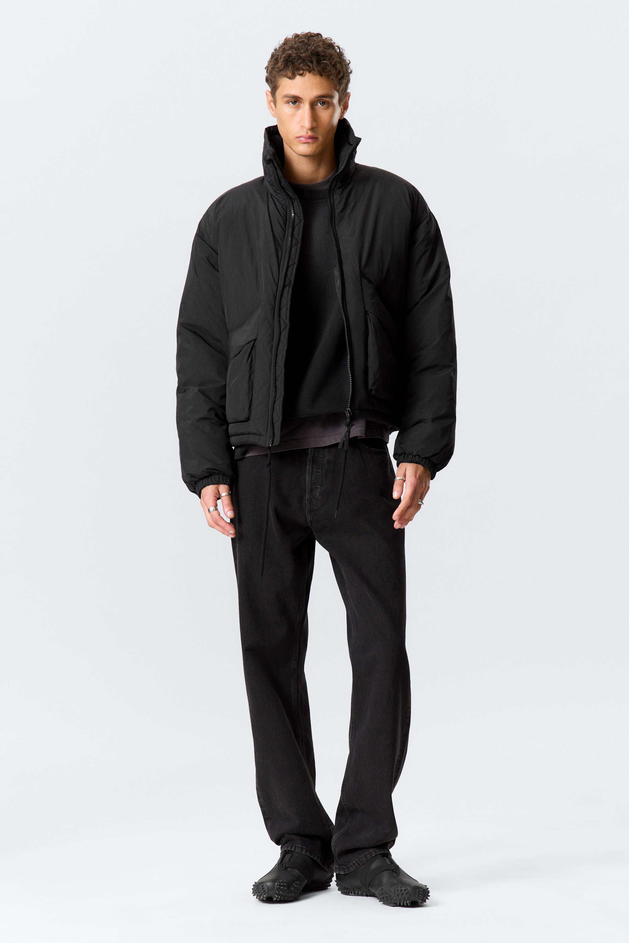 Black - Drawstring Nylon Puffer Jacket - 2