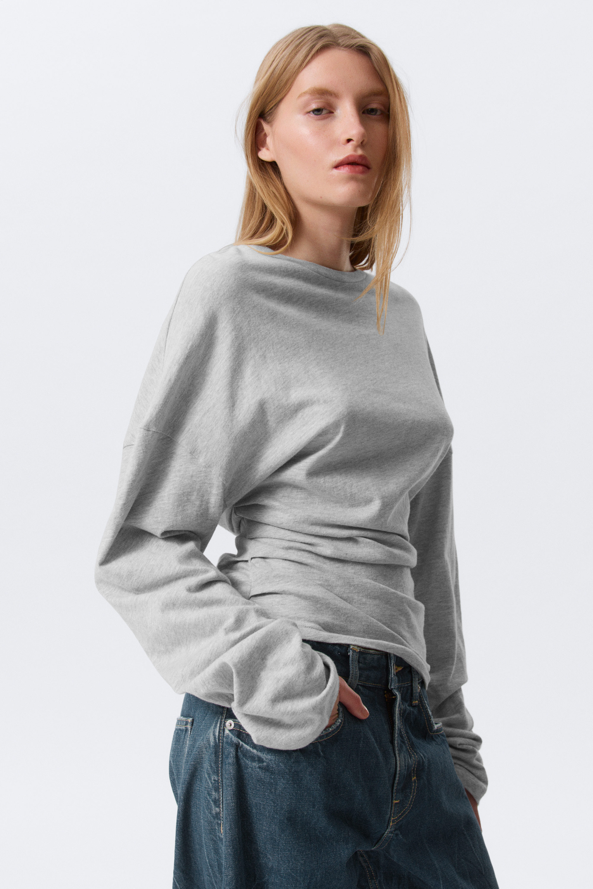 Light Grey Melange - Pleated Long-Sleeved Top - 1